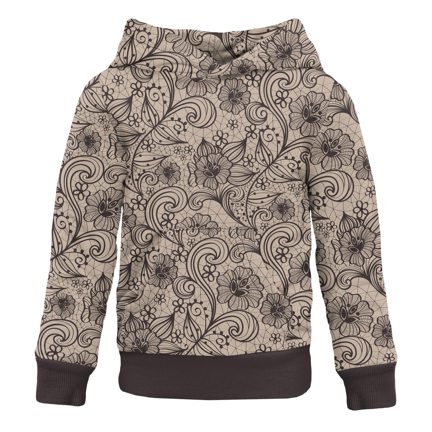 Print Fleece Kangaroo Pocket Pullover in Burlap Lace