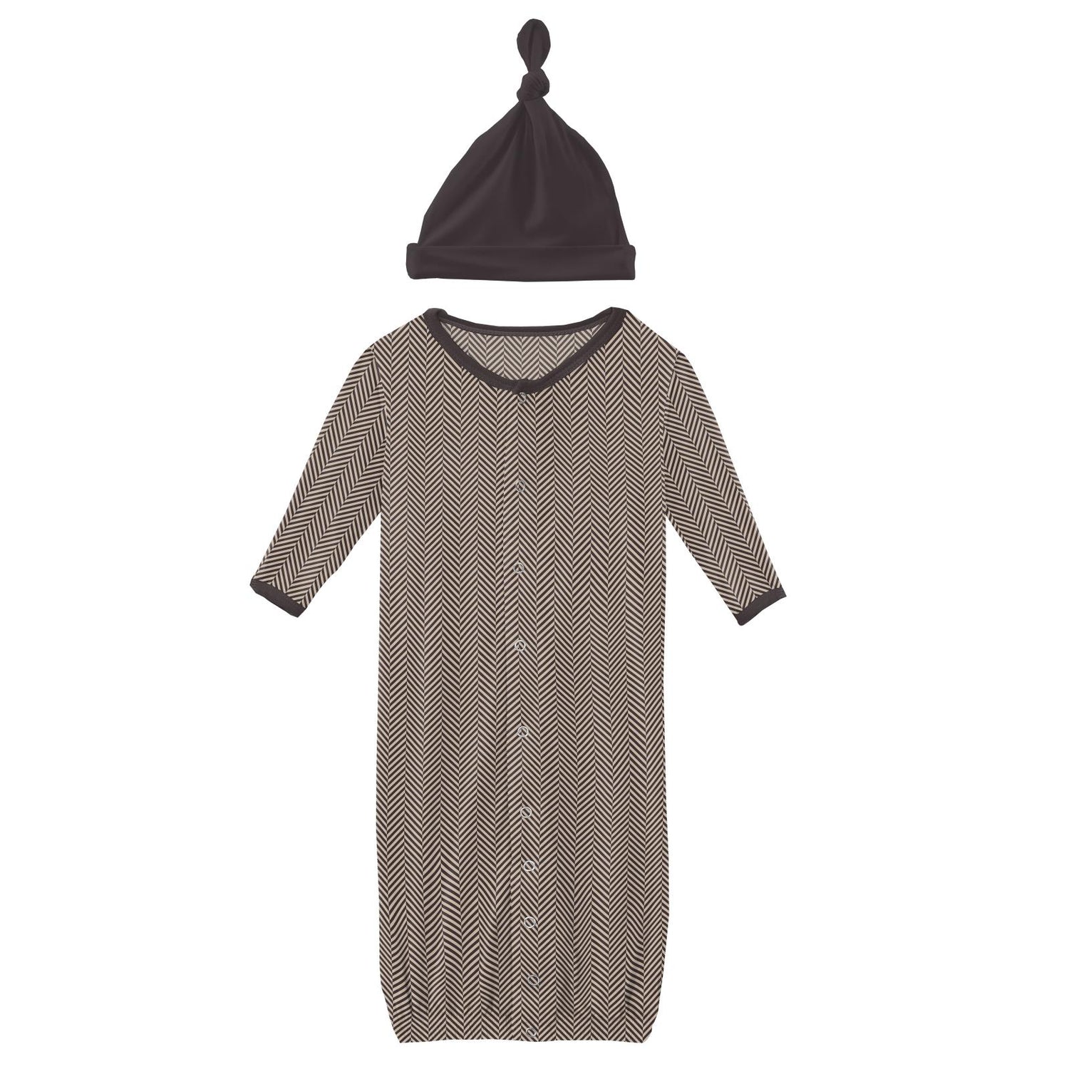 Print Layette Gown Converter & Single Knot Hat Set in Herringbone