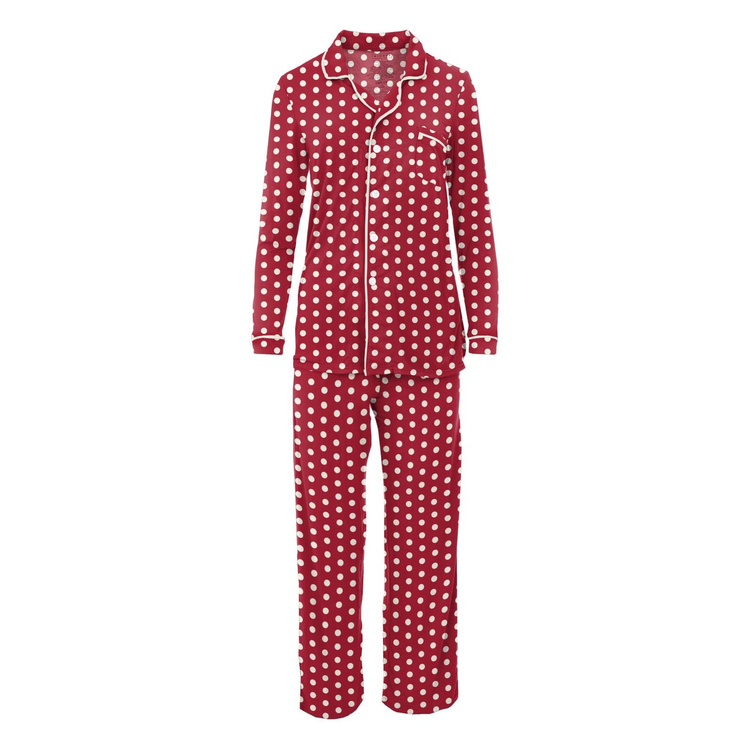 Women's Print Long Sleeve Collared Pajama Set in Candy Apple Polka Dots