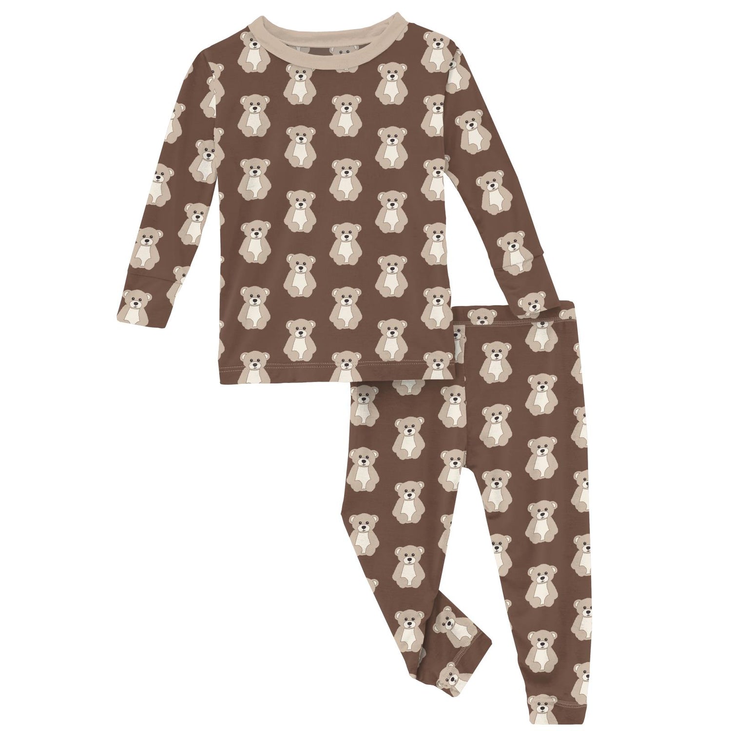 Print Long Sleeve Pajama Set in Cocoa Teddy Bear