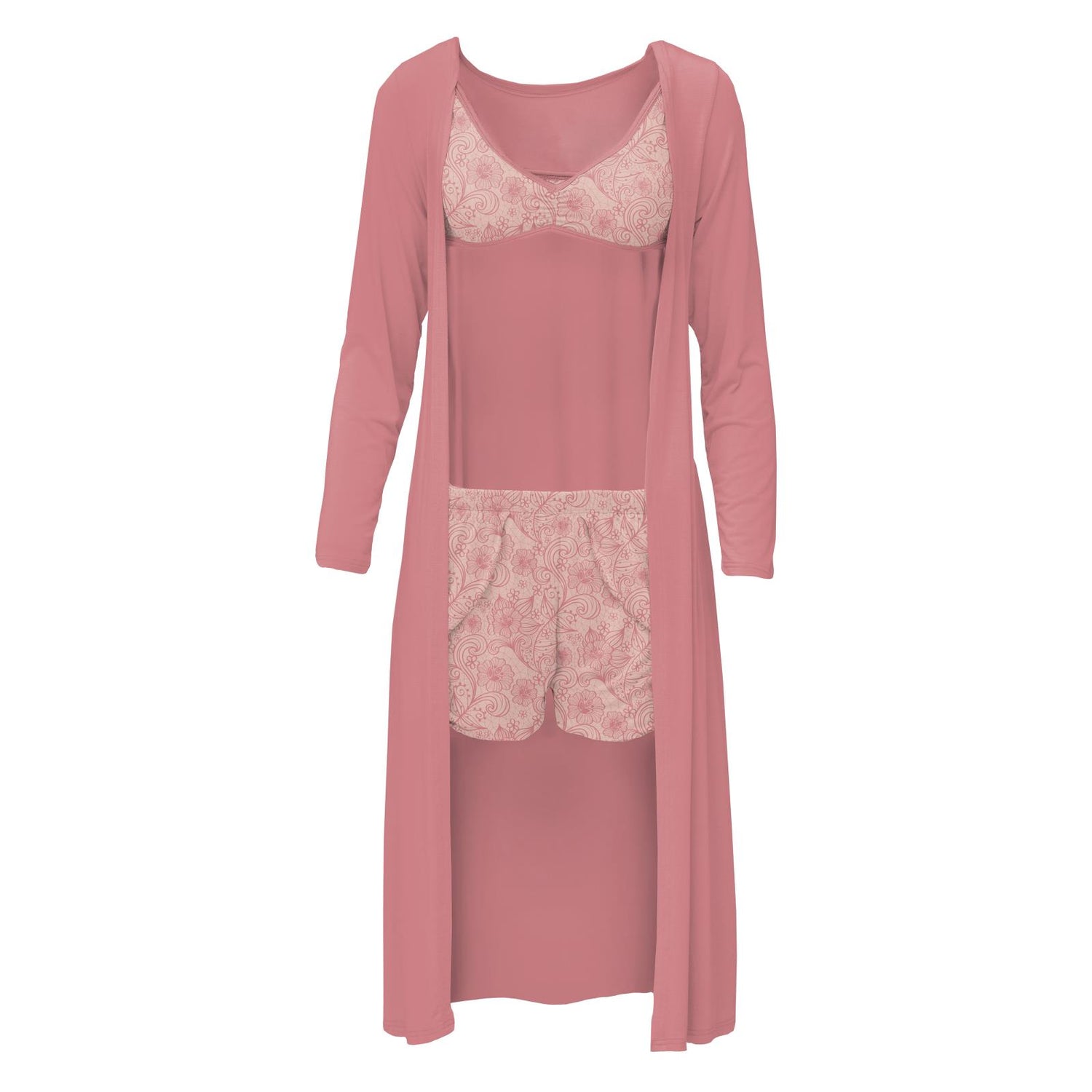 Women's Print Sleeping Bra, Tulip Shorts and Duster Robe Set in Peach Blossom Lace