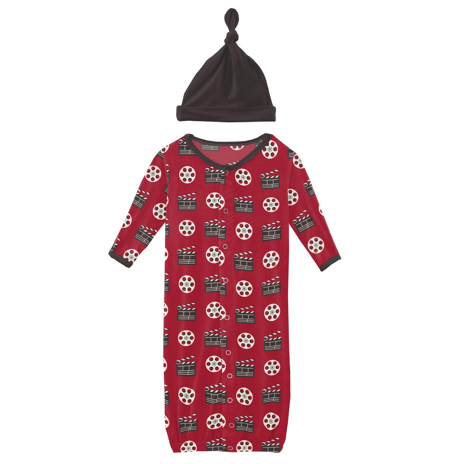 Print Layette Gown Converter & Single Knot Hat Set in Candy Apple Clapper Board and Film