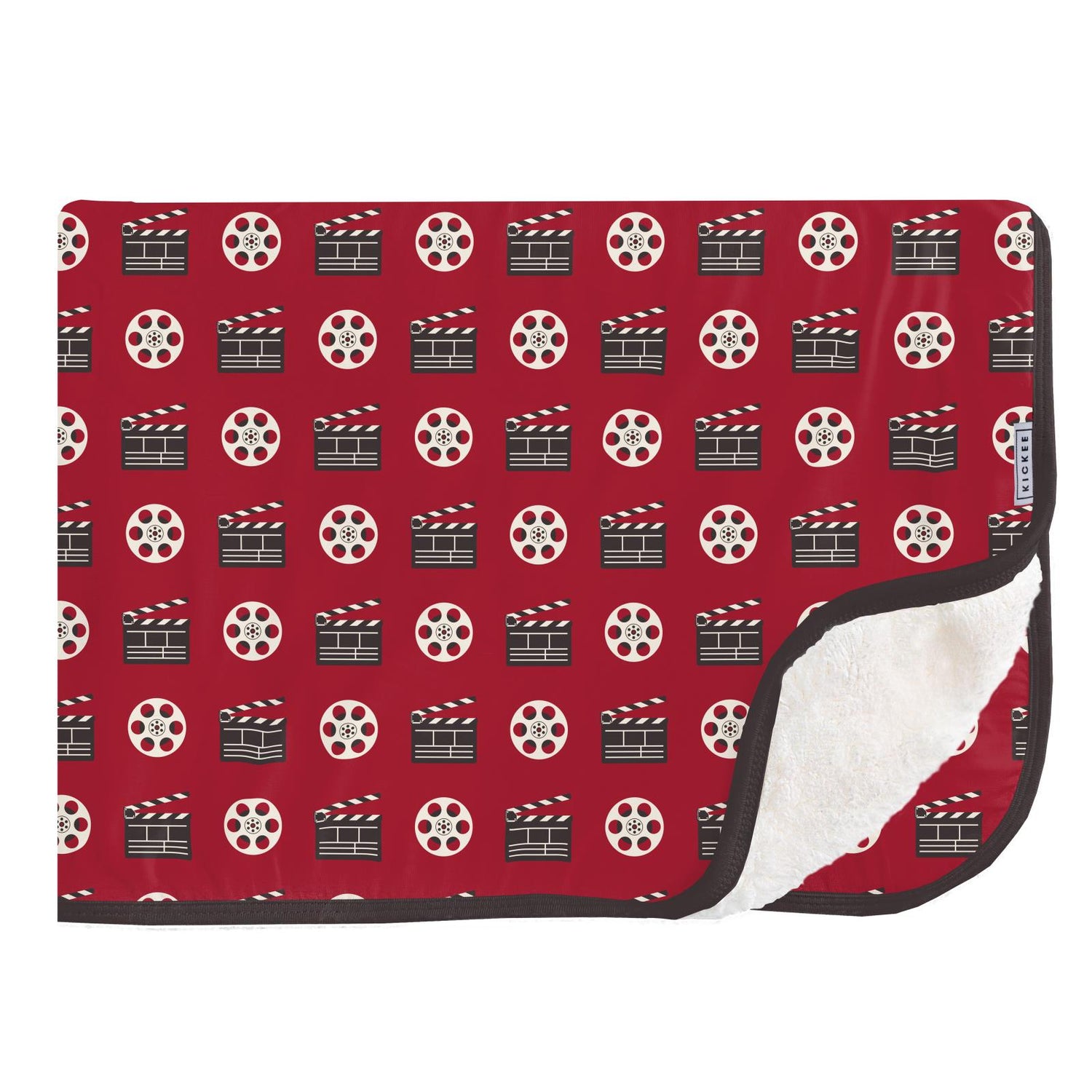 Print Sherpa-Lined Throw Blanket in Candy Apple Clapper Board and Film