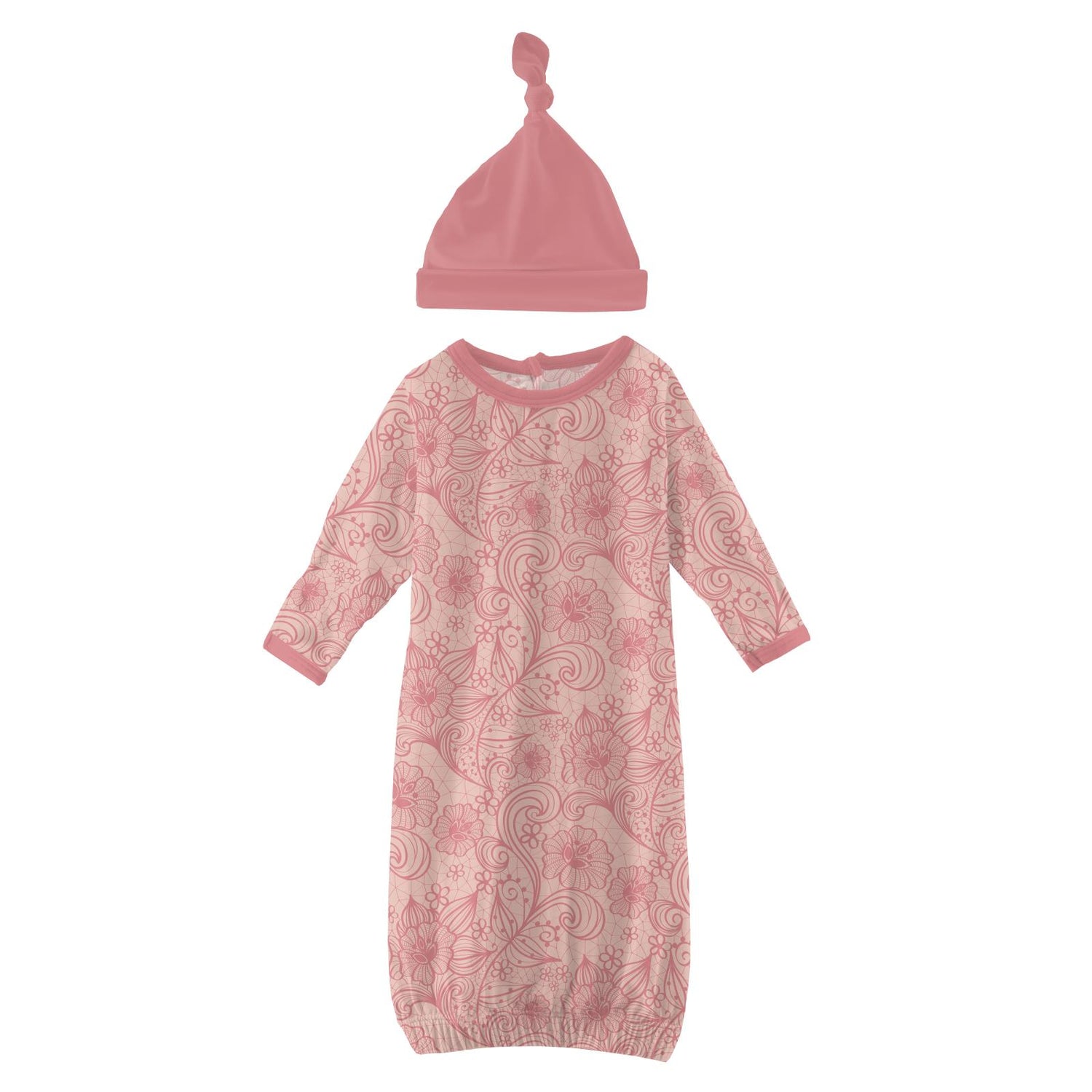 Print Layette Gown & Single Knot Hat Set in Peach Blossom Lace
