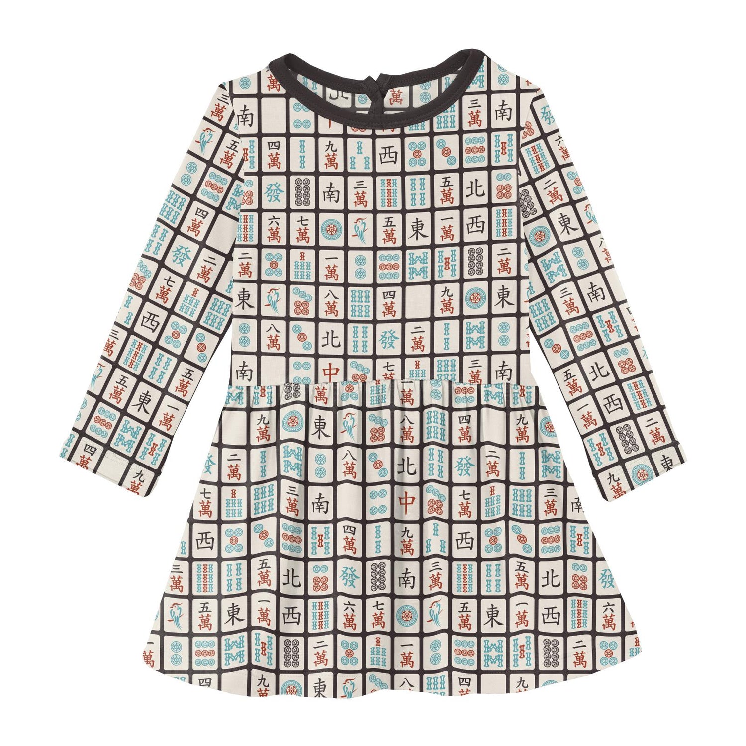 Print Long Sleeve Twirl Dress in Midnight Mahjong