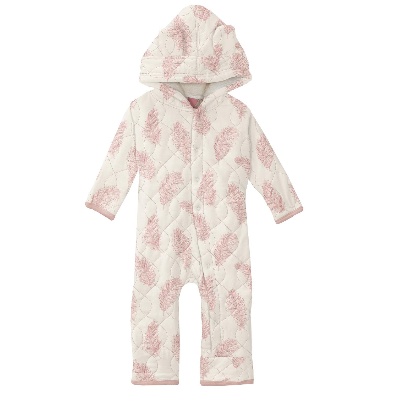 Print Quilted Hoodie Coverall with Sherpa-Lined Hood in Natural Feathers/Desert Rose Baby Doll
