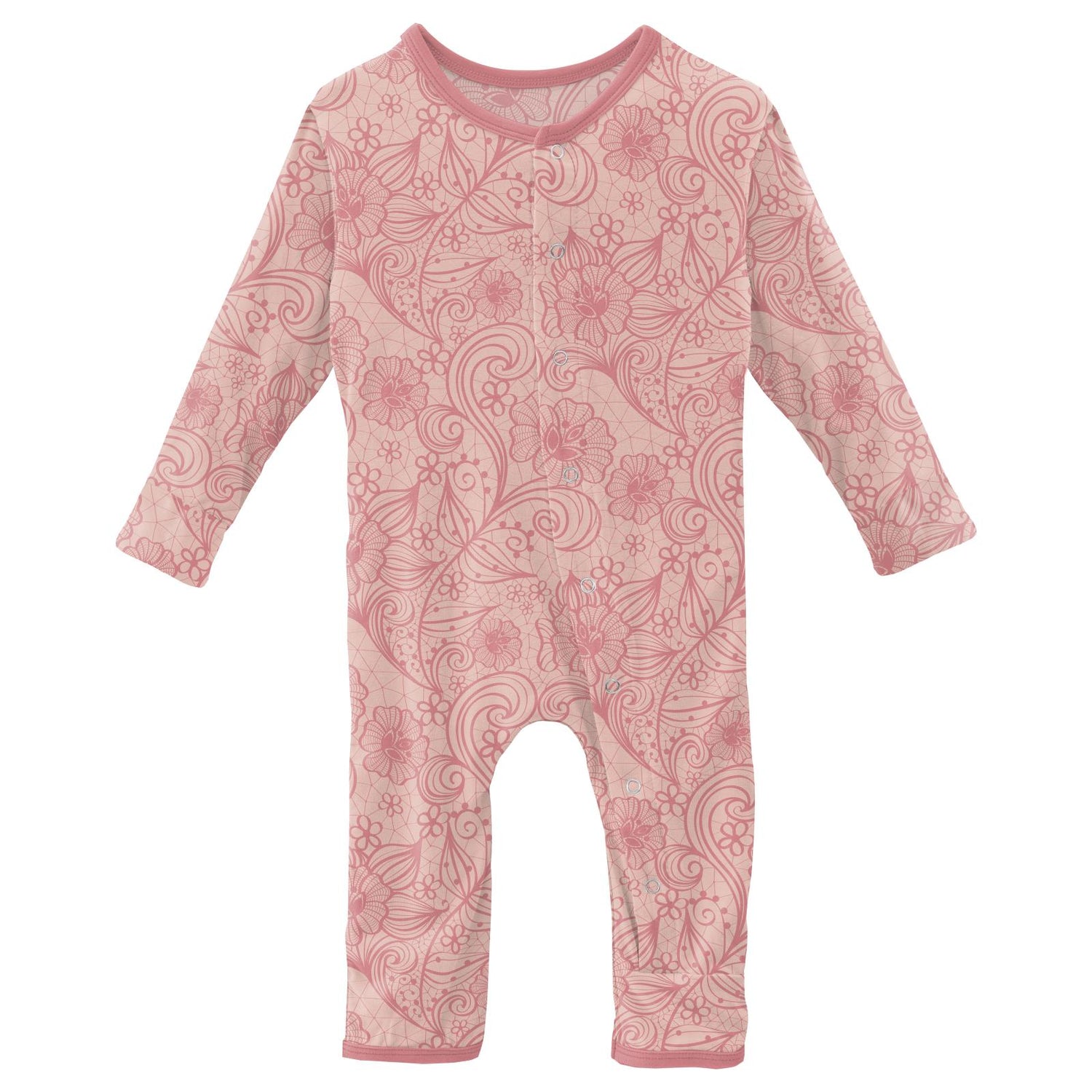 Print Coverall with Snaps in Peach Blossom Lace