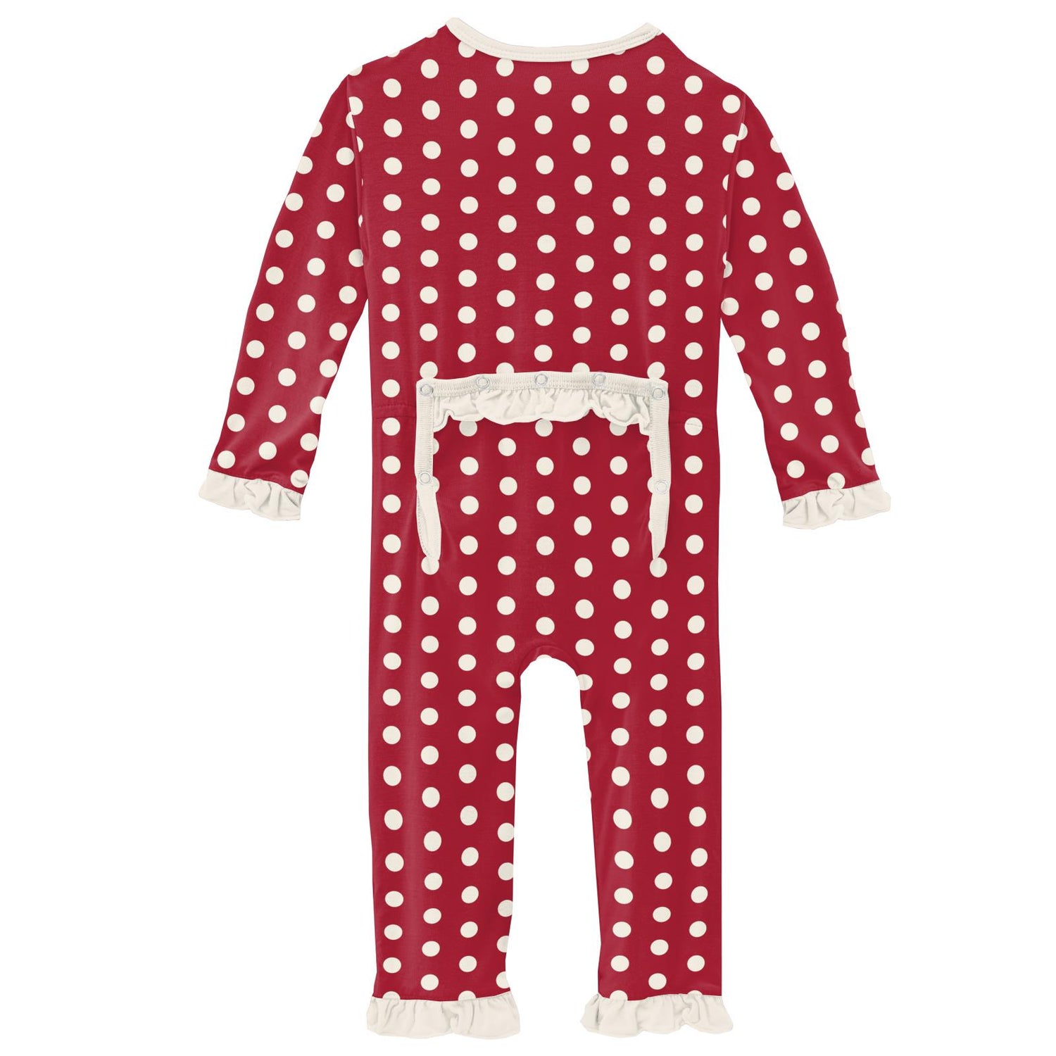 Print Classic Ruffle Coverall with Snaps in Candy Apple Polka Dots