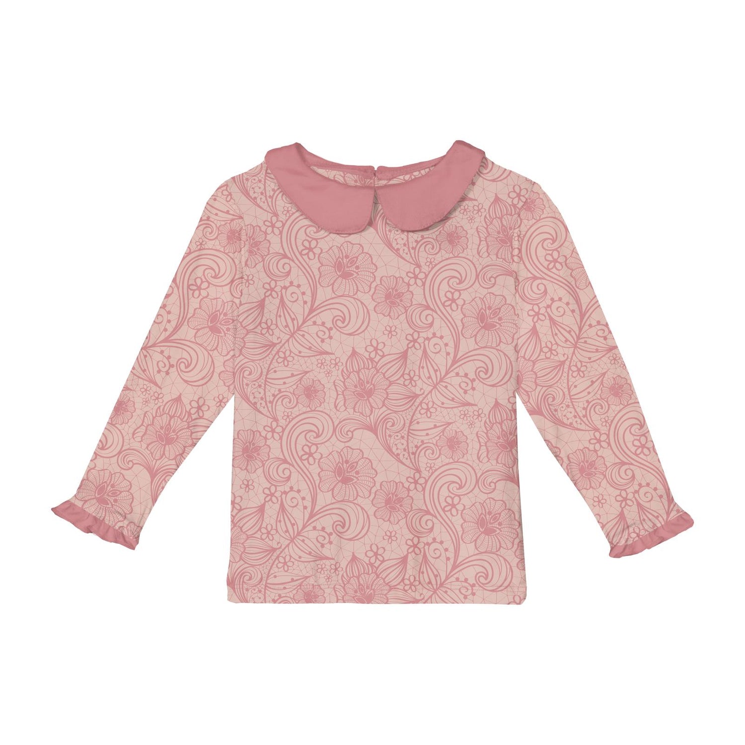Print Long Sleeve Peter Pan Collared Tee in Peach Blossom Lace