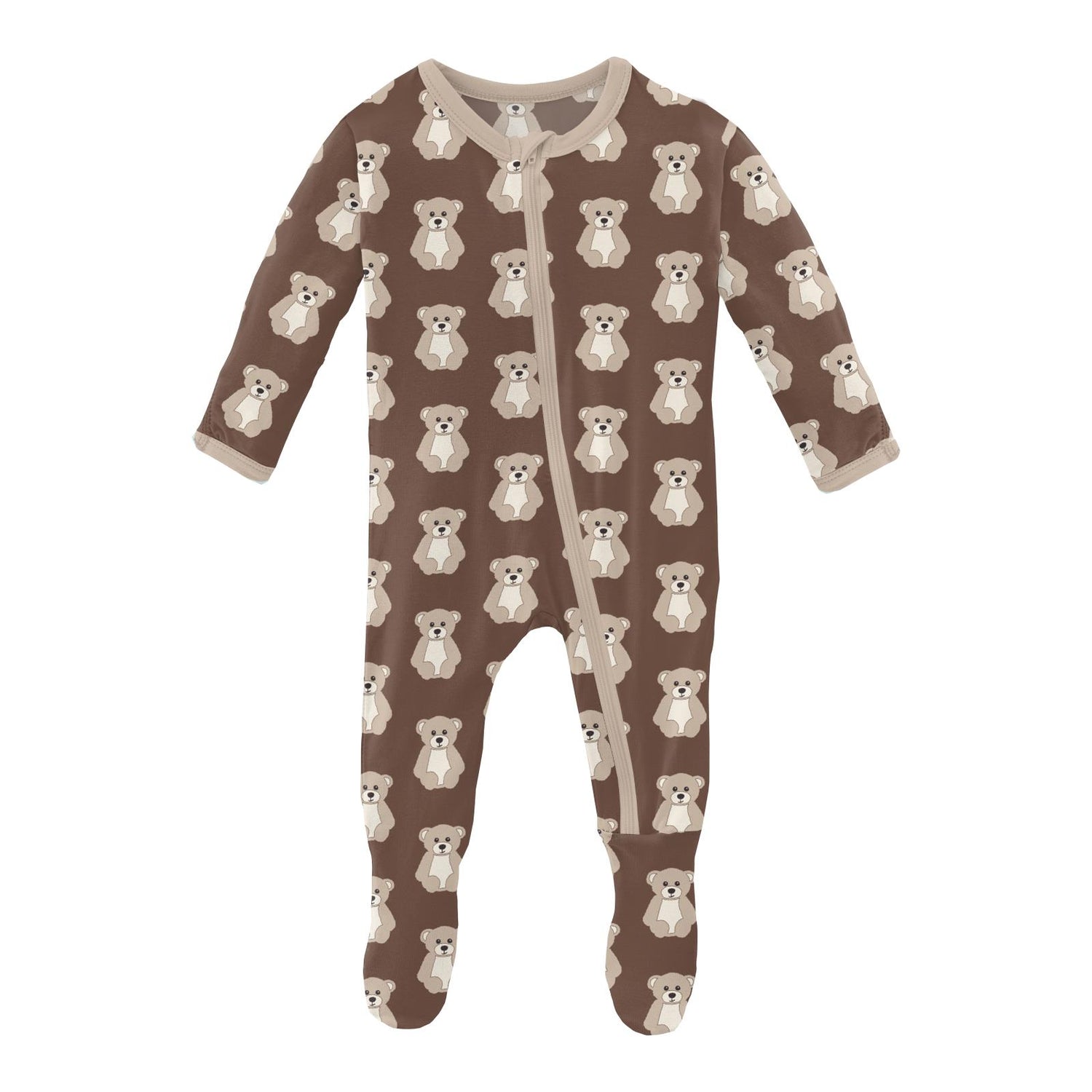 Print Footie with Zipper in Cocoa Teddy Bear