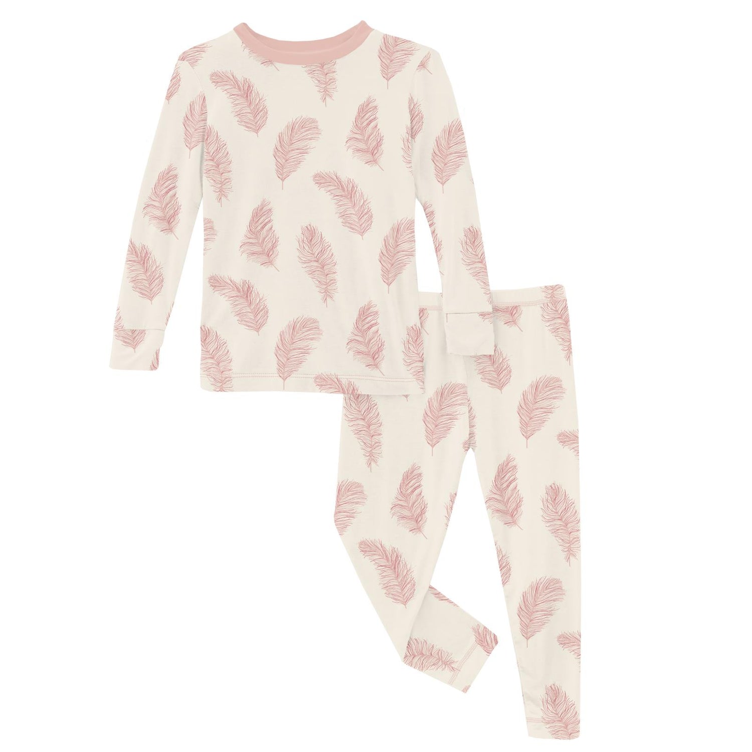 Print Long Sleeve Pajama Set in Natural Feathers
