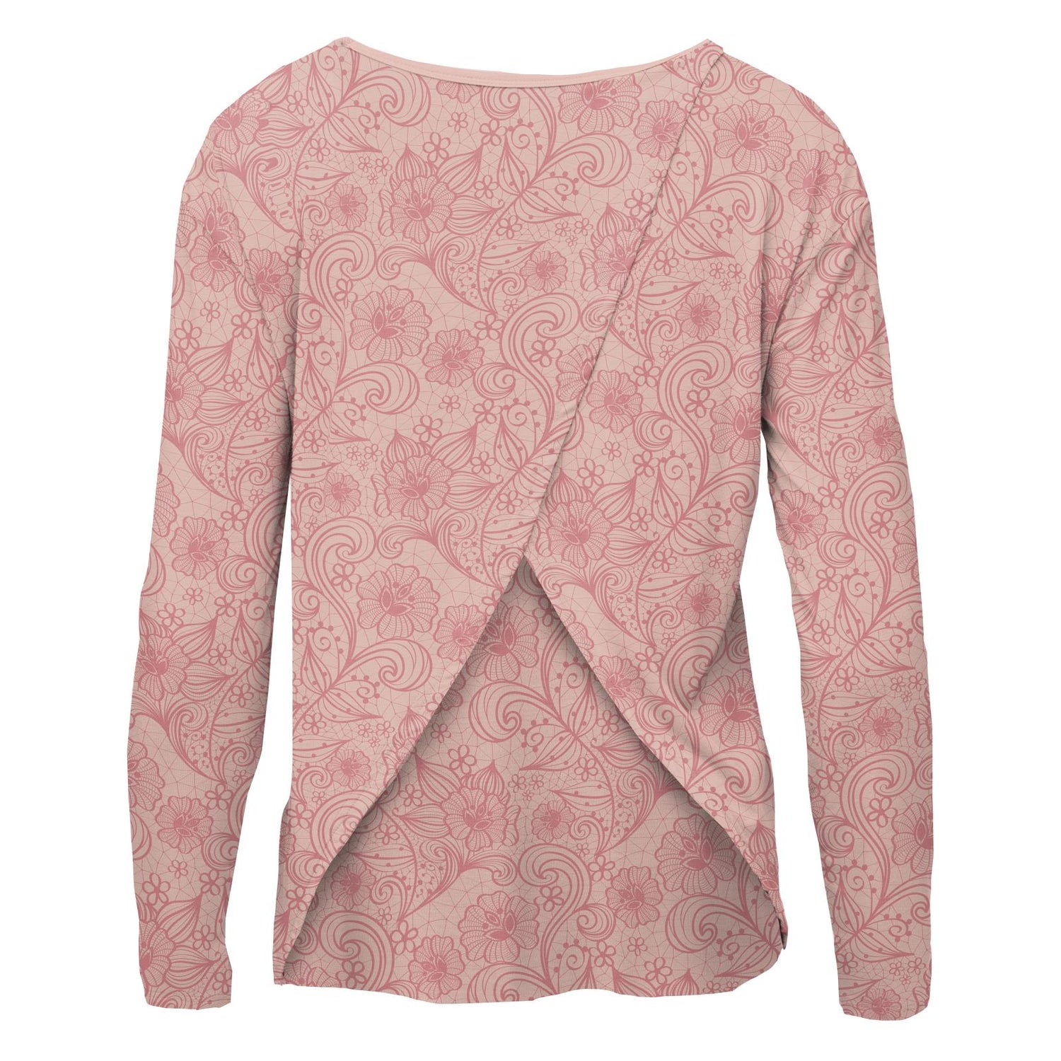 Women's Print Long Sleeve Butterfly Open-Back Top in Peach Blossom Lace