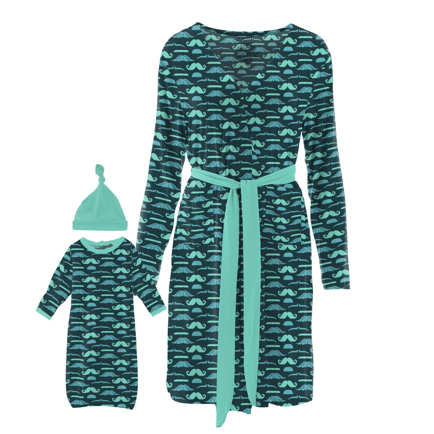 Women's Print Mid Length Lounge Robe & Layette Gown Set in Pine Moustaches