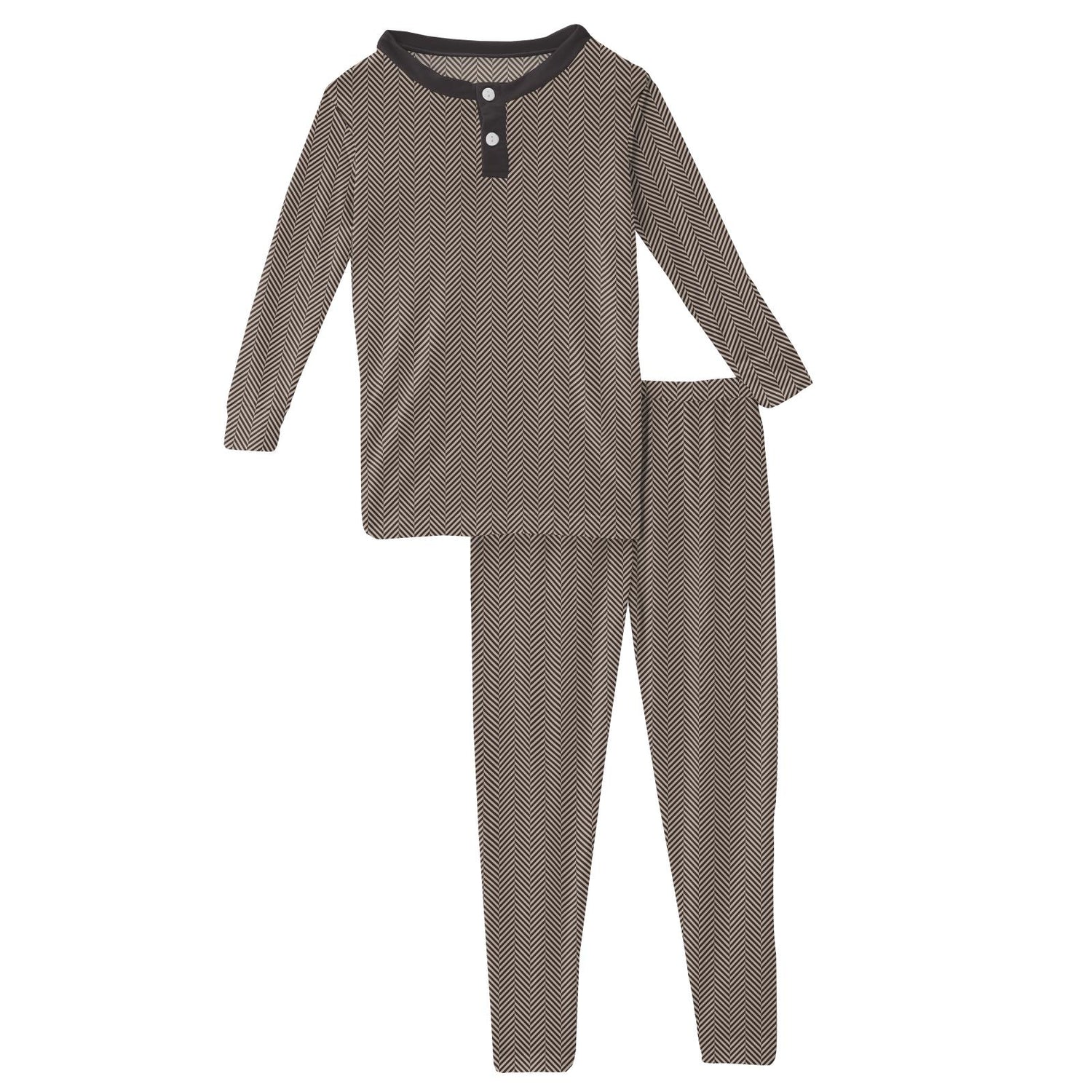 Print Long Sleeve Henley Pajama Set in Herringbone