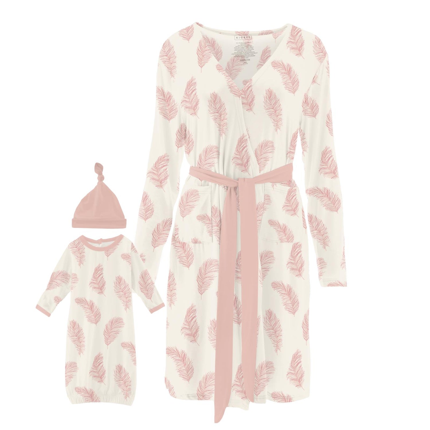 Women's Print Mid Length Lounge Robe & Layette Gown Set in Natural Feathers
