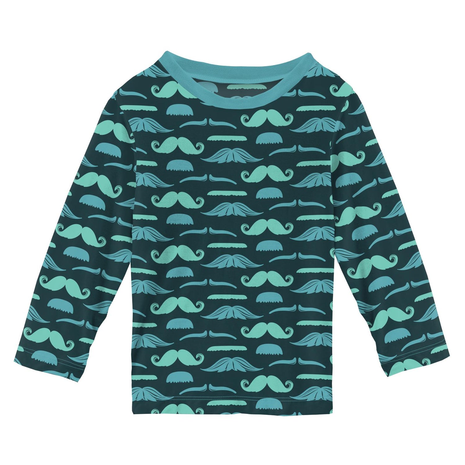 Print Long Sleeve Easy Fit Crew Neck Tee in Pine Moustaches