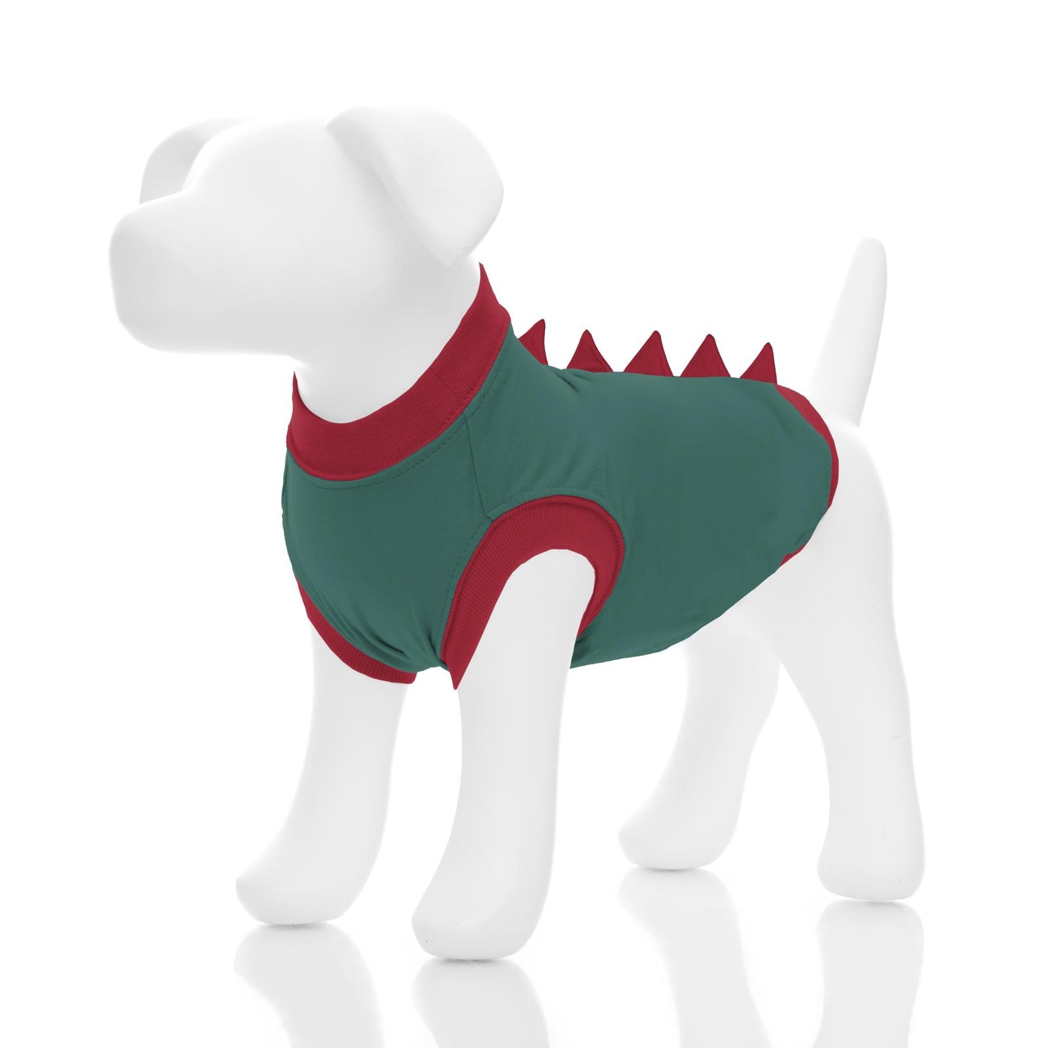 Fleece Sleeveless Dog Tee with Dino Back in Ivy with Ribbon Red