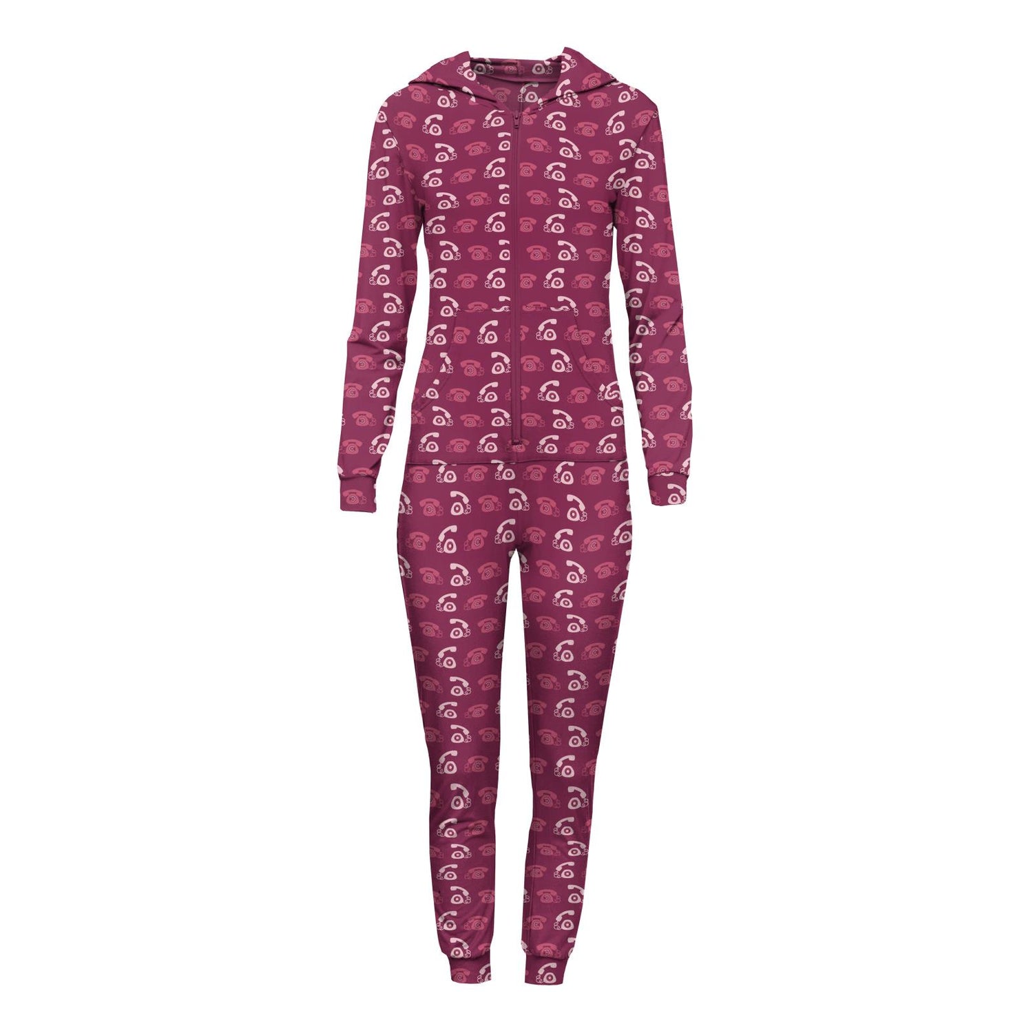 Women's Print Long Sleeve Jumpsuit with Hood in Berry Telephone