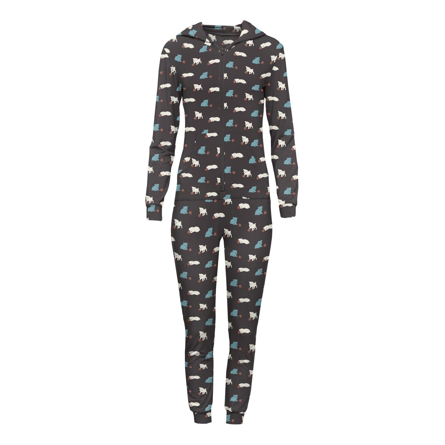 Women's Print Long Sleeve Jumpsuit with Hood in Midnight Puppy