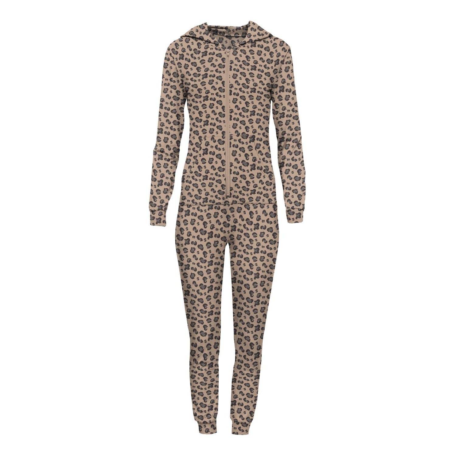 Women's Print Long Sleeve Jumpsuit with Hood in Suede Cheetah Print