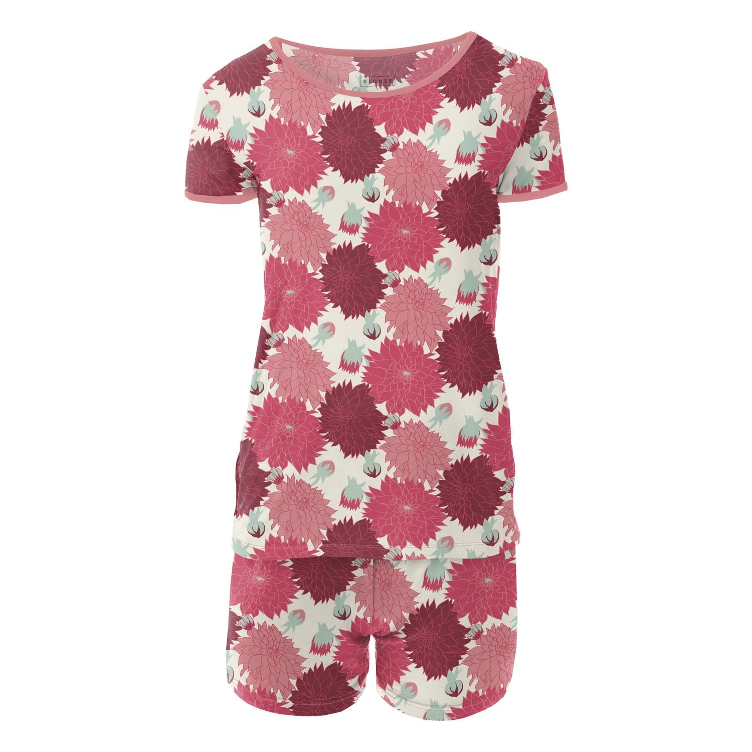 Women's Print Short Sleeve Fitted Pajama Set with Shorts in Natural Dahlias