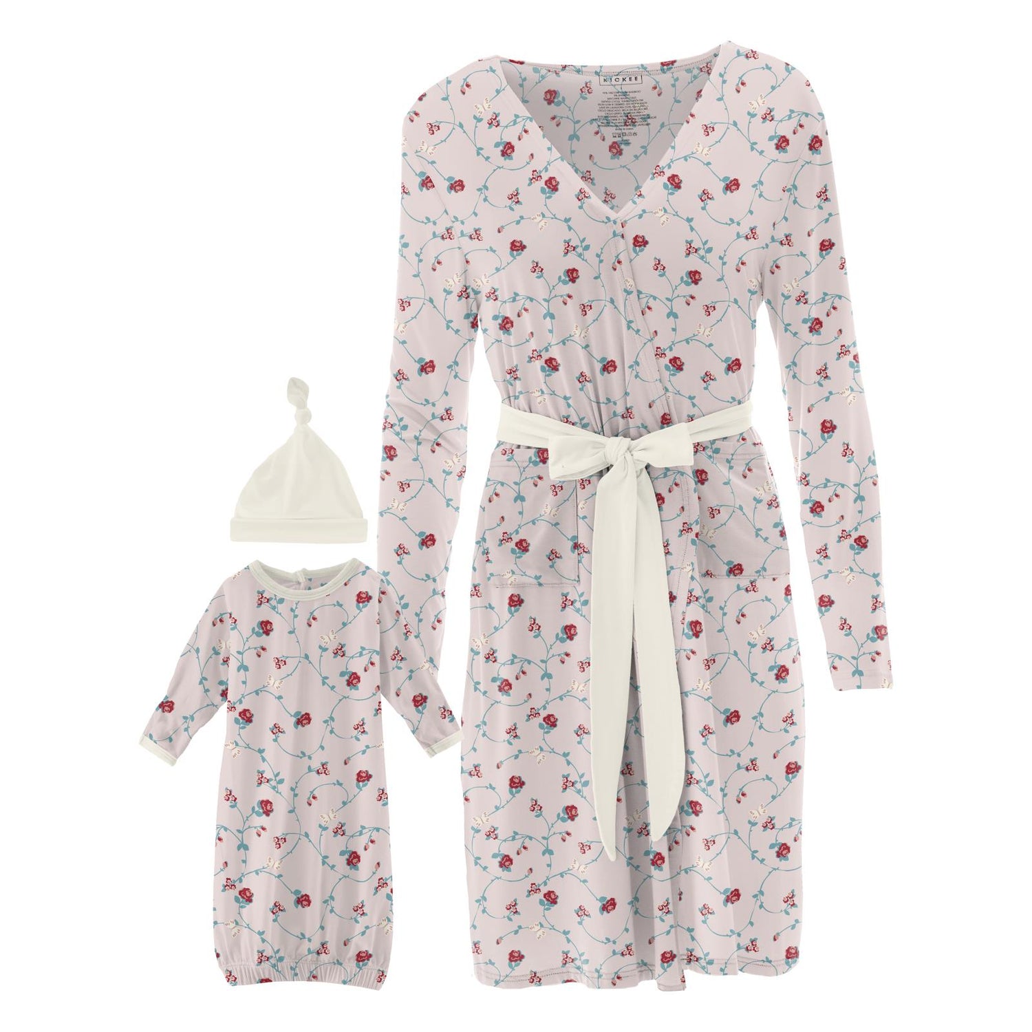 Women's Mid Length Lounge Robe & Layette Gown Set in Macaroon Floral Vines