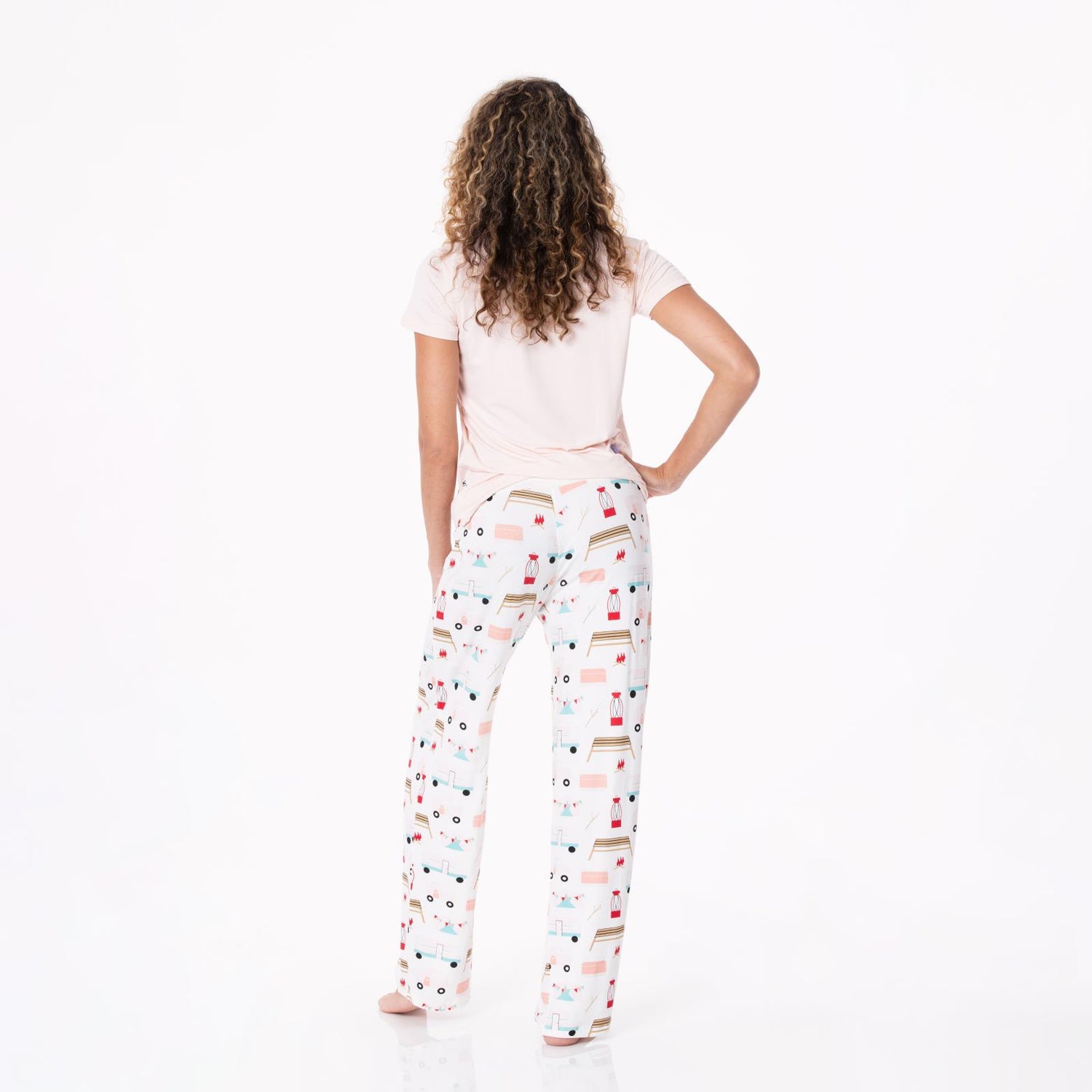 Women's Print Short Sleeve Loosey Goosey Tee & Pajama Pants Set in Natural Camping