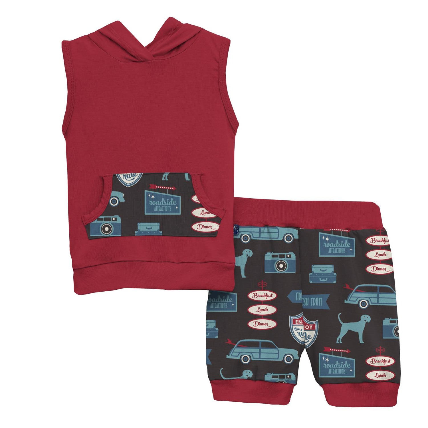 Print Short Sleeve Hoodie Tank Outfit Set in Midnight on the Road