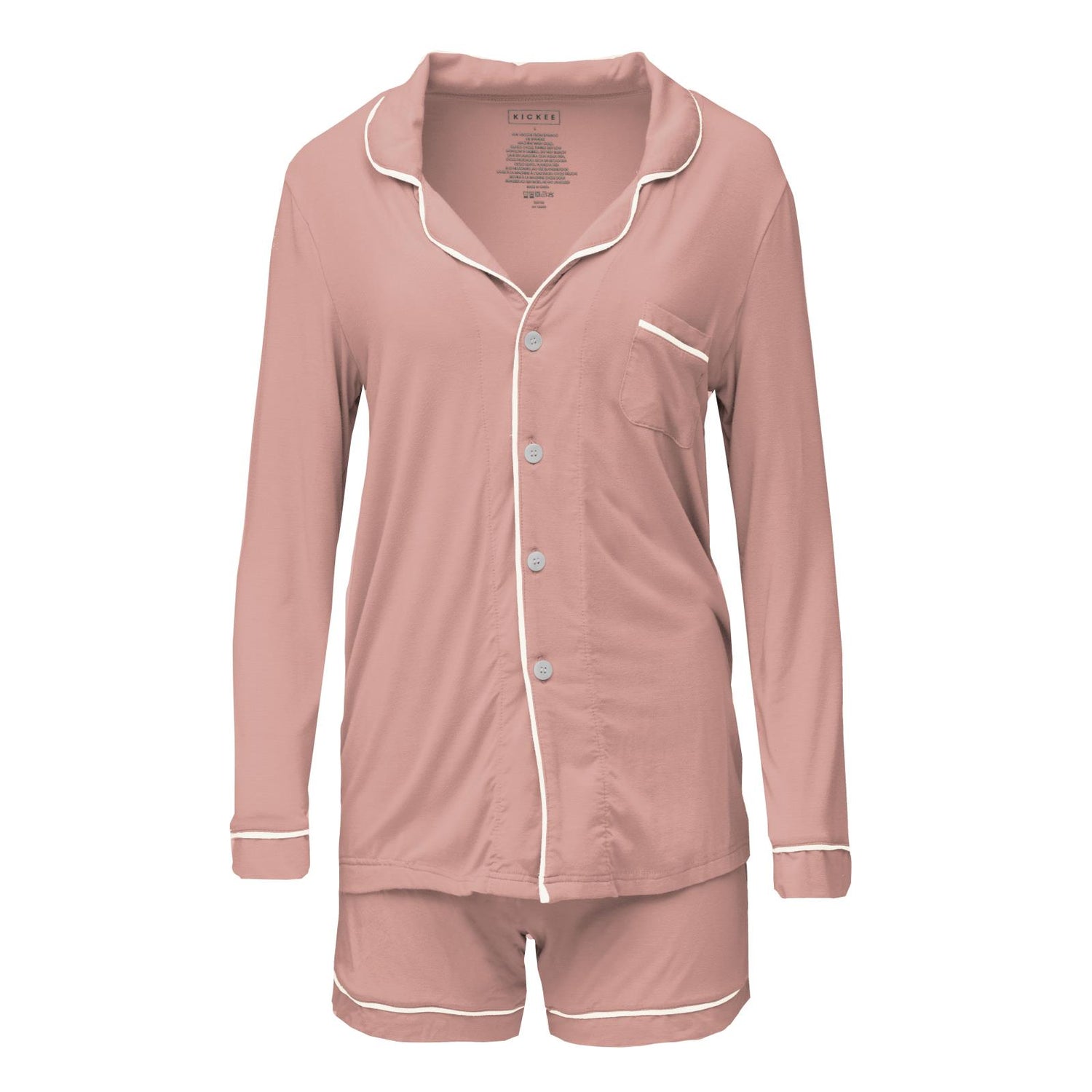 Women's Long Sleeve Collared Pajama Set with Shorts in Blush with Natural