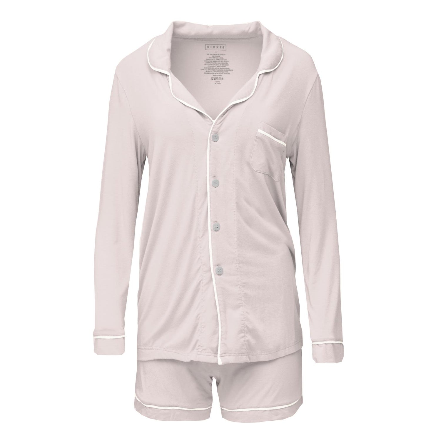 Women's Long Sleeve Collared Pajama Set with Shorts in Macaroon with Natural