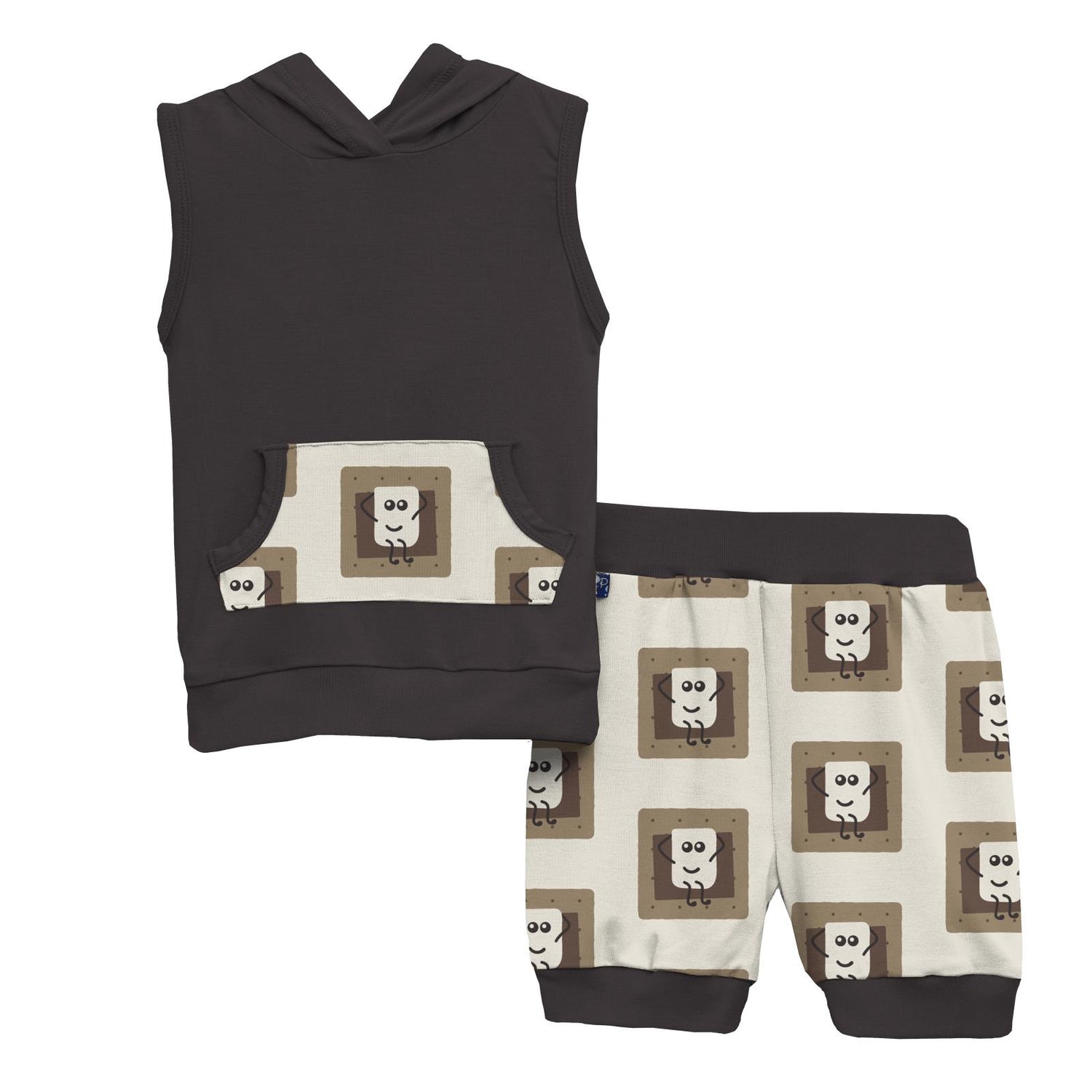 Print Short Sleeve Hoodie Tank Outfit Set in Natural S'mores