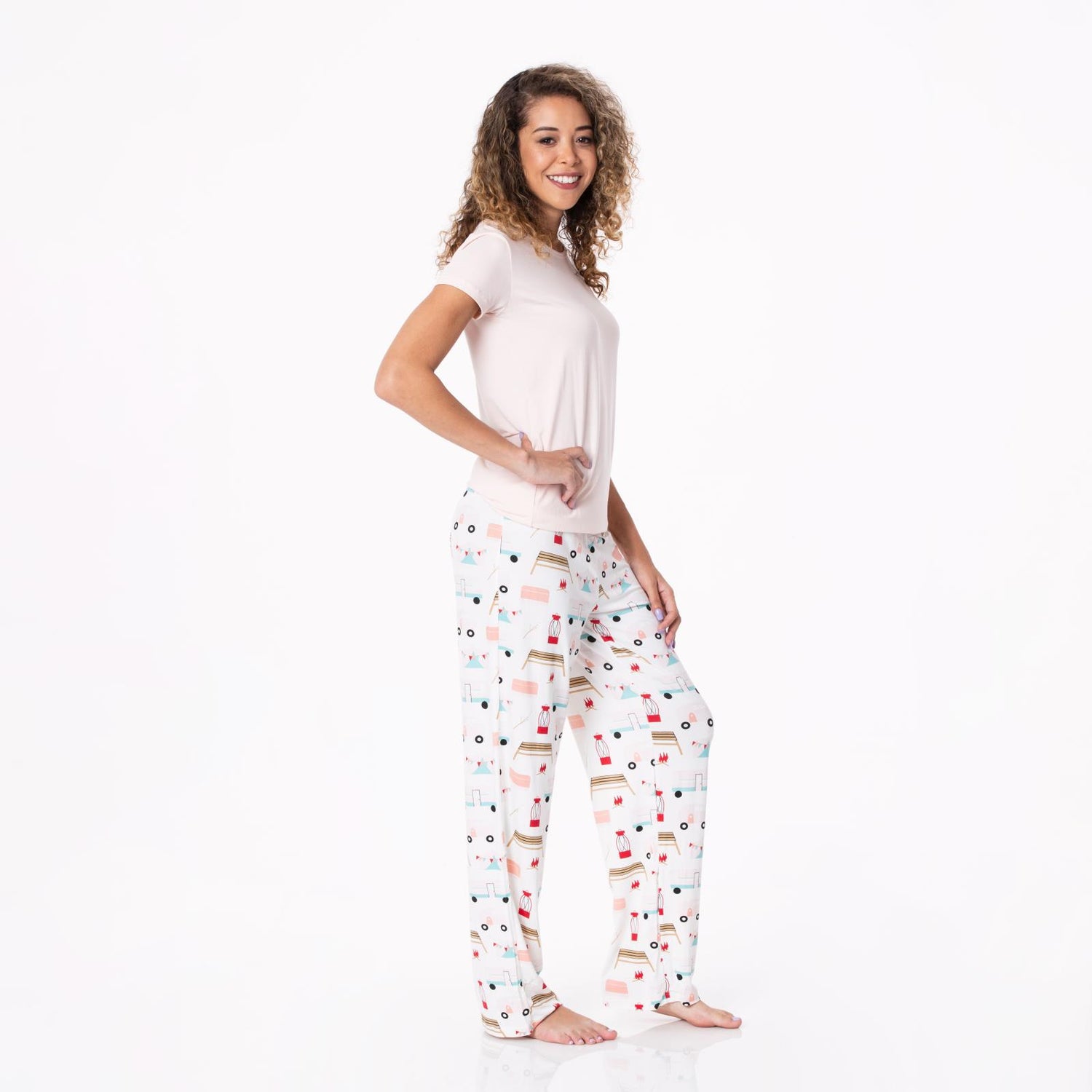 Women's Print Short Sleeve Loosey Goosey Tee & Pajama Pants Set in Natural Camping