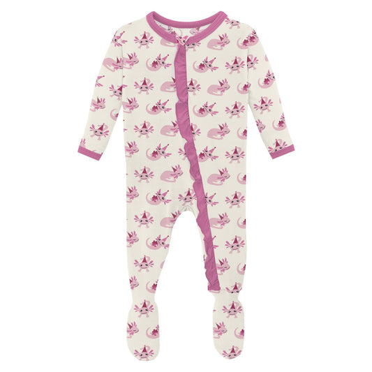 Print Classic Ruffle Footie with 2 Way Zipper in Natural Axolotl Party