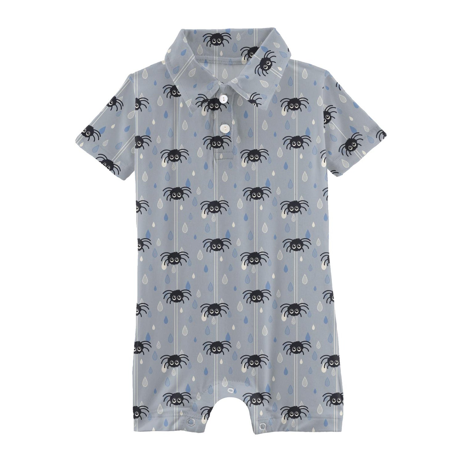 Print Short Sleeve Polo Romper in Pearl Blue Itsy Bitsy Spider