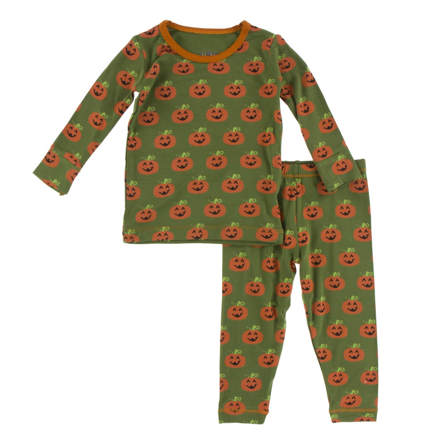 Print Long Sleeve Pajama Set in Moss Jack O'Lantern