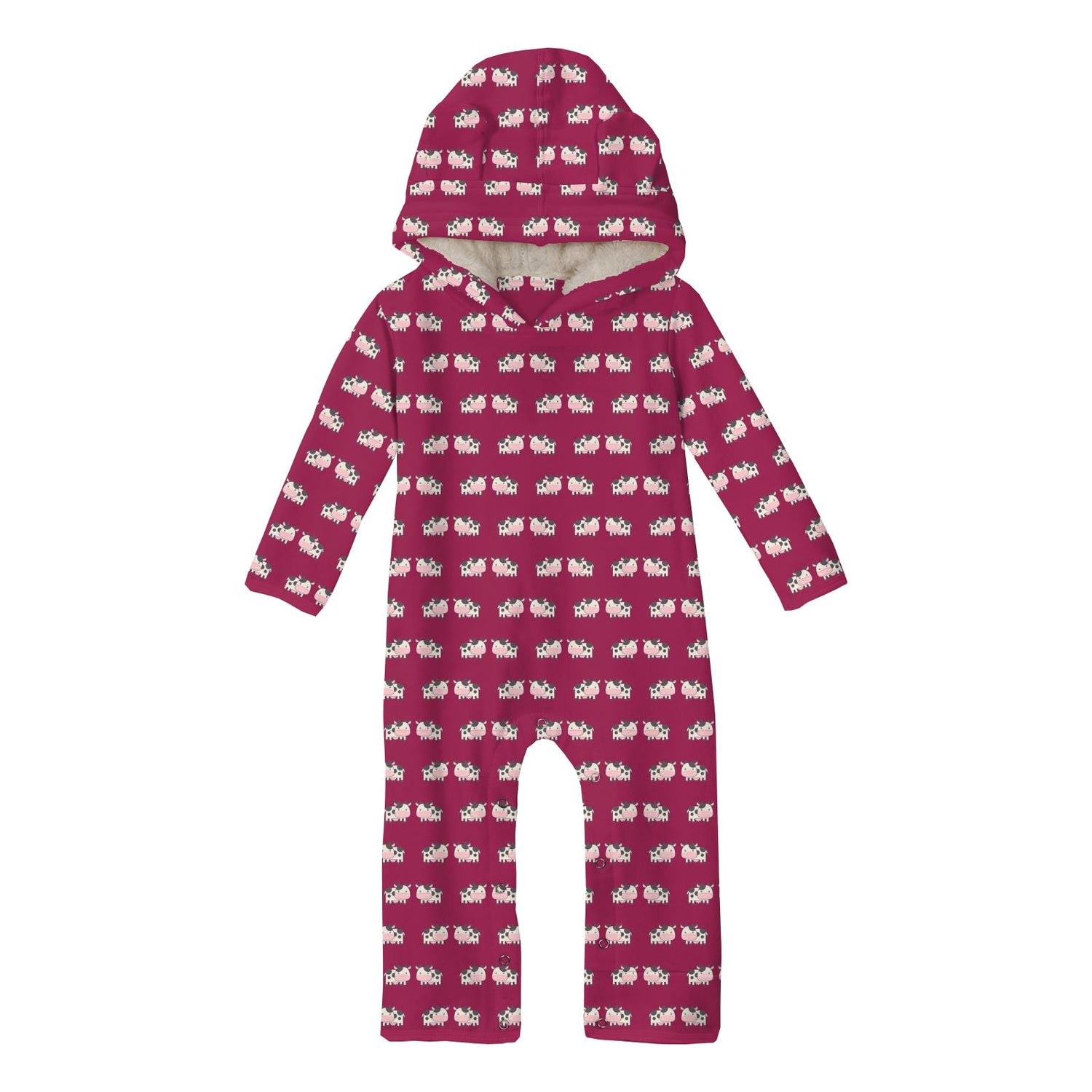 Print Fleece Coverall with Sherpa-Lined Hood and Ears in Berry Cow