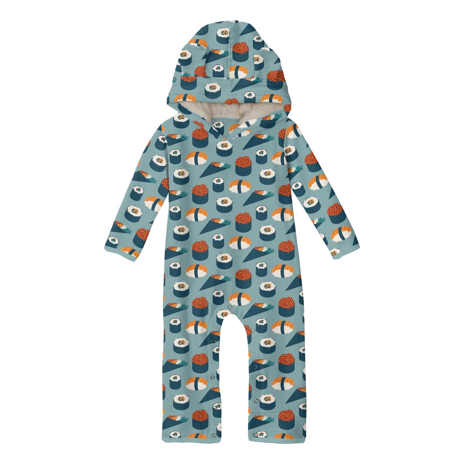 Print Fleece Coverall with Sherpa-Lined Hood and Ears in Jade Sushi