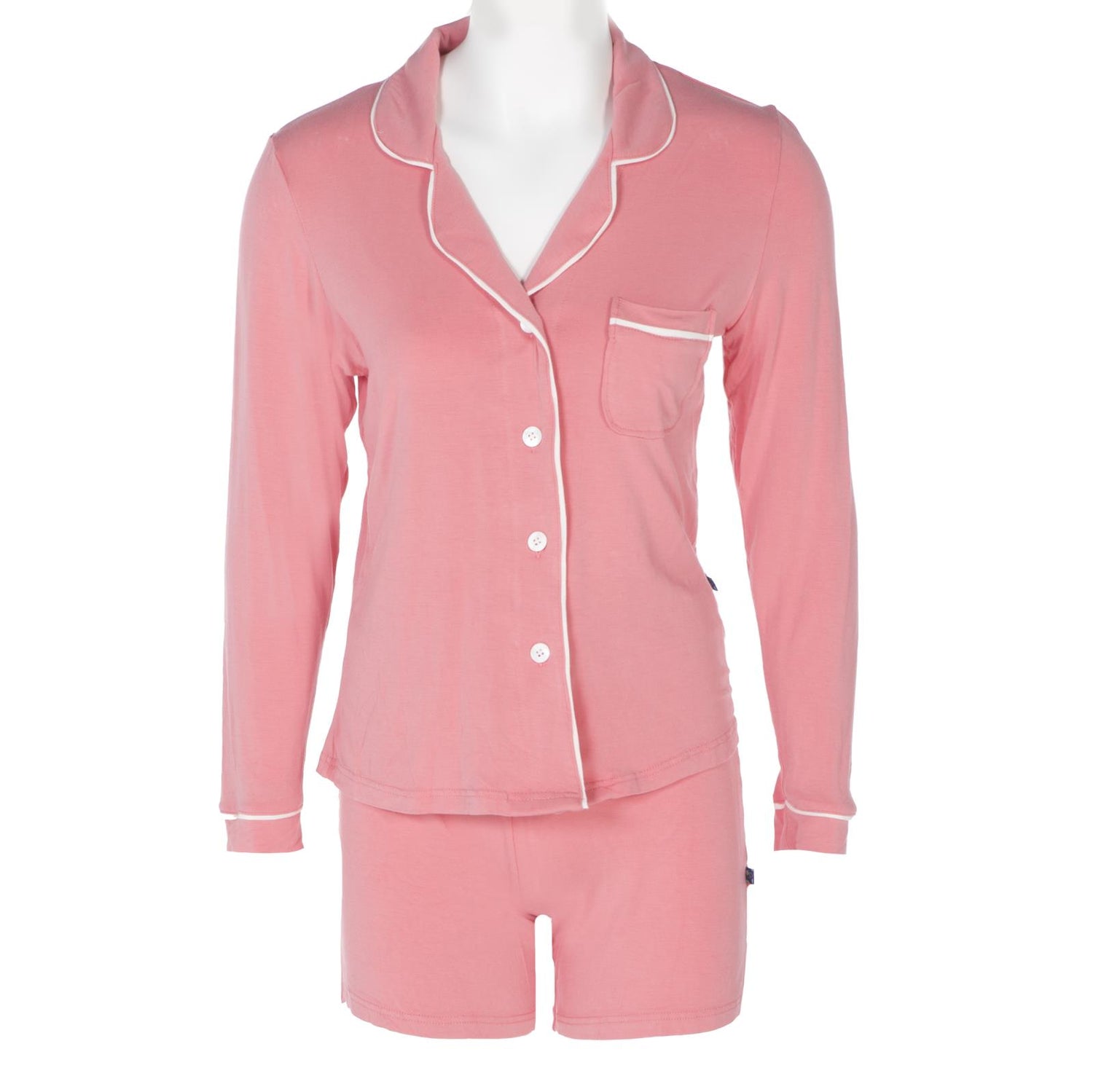 Women's Collared Pajama Set with Shorts in Strawberry with Natural Trim