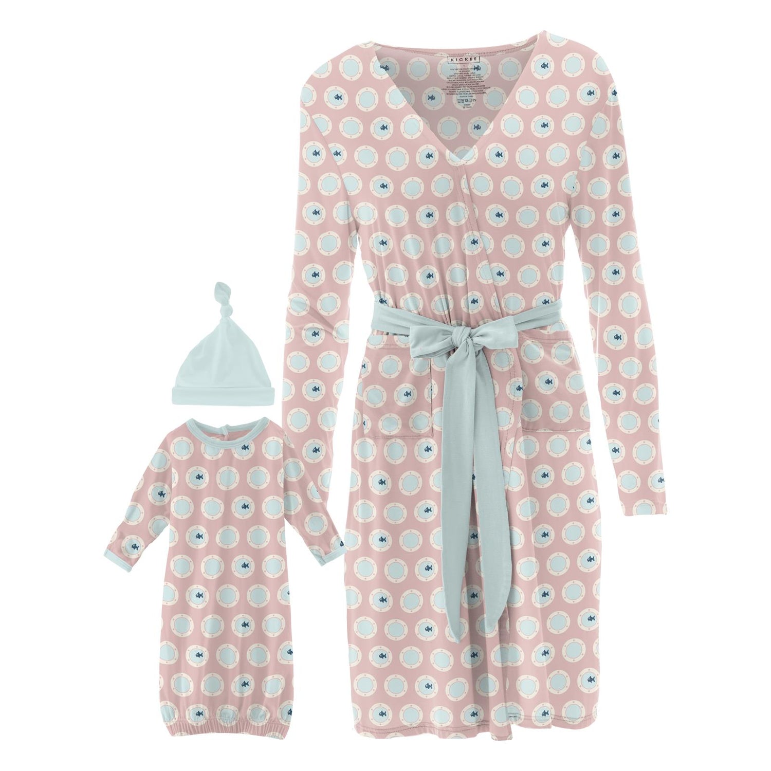 Women's Maternity/Nursing Robe & Layette Gown Set in Baby Rose Porthole