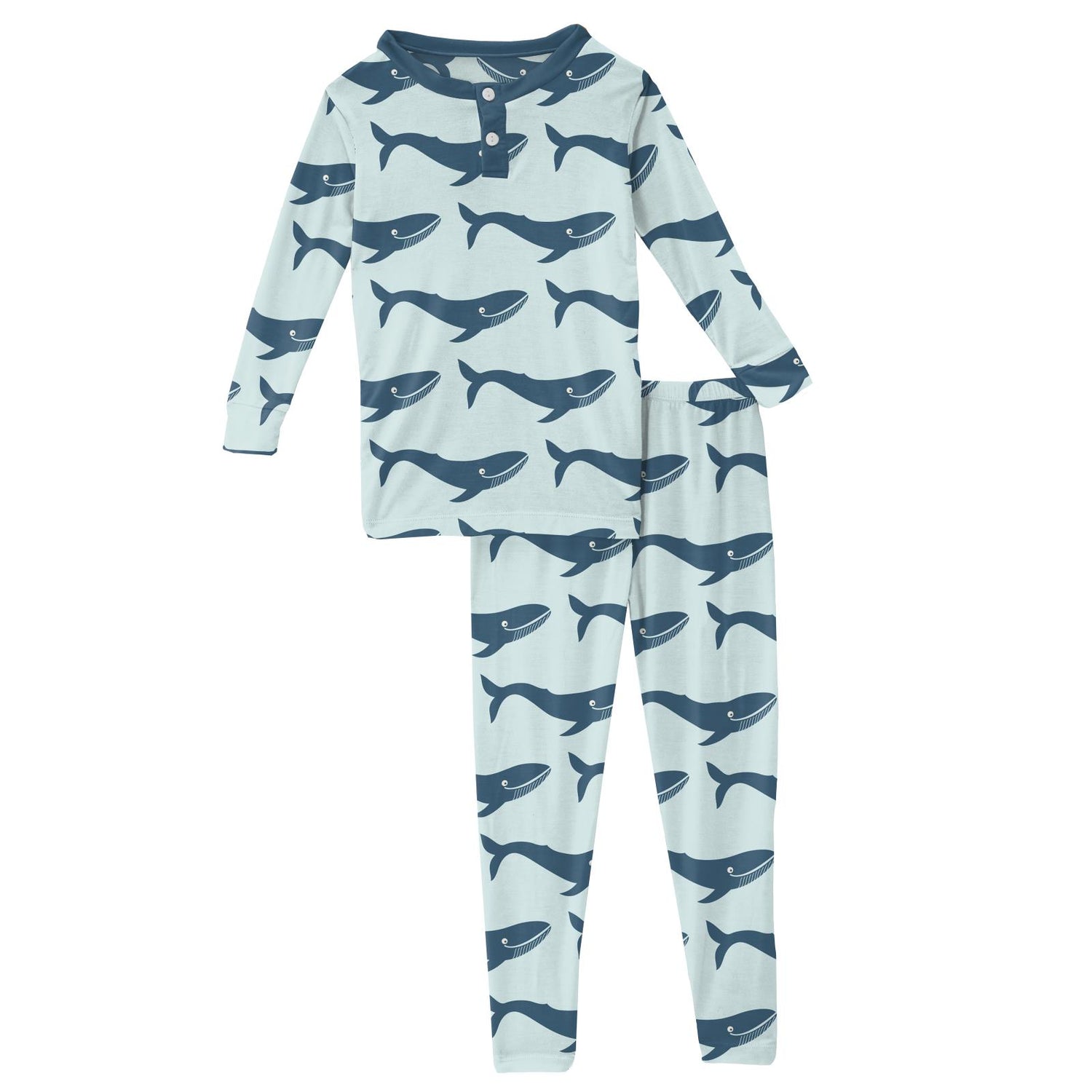 Print Long Sleeve Henley Pajama Set in Fresh Air Blue Whales