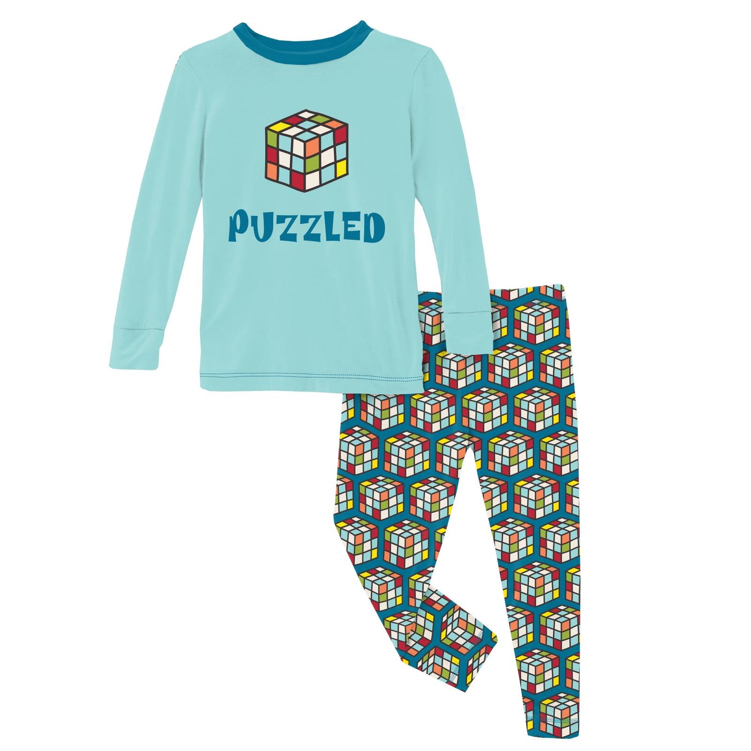 Long Sleeve Graphic Tee Pajama Set in Cerulean Blue Puzzle Cube