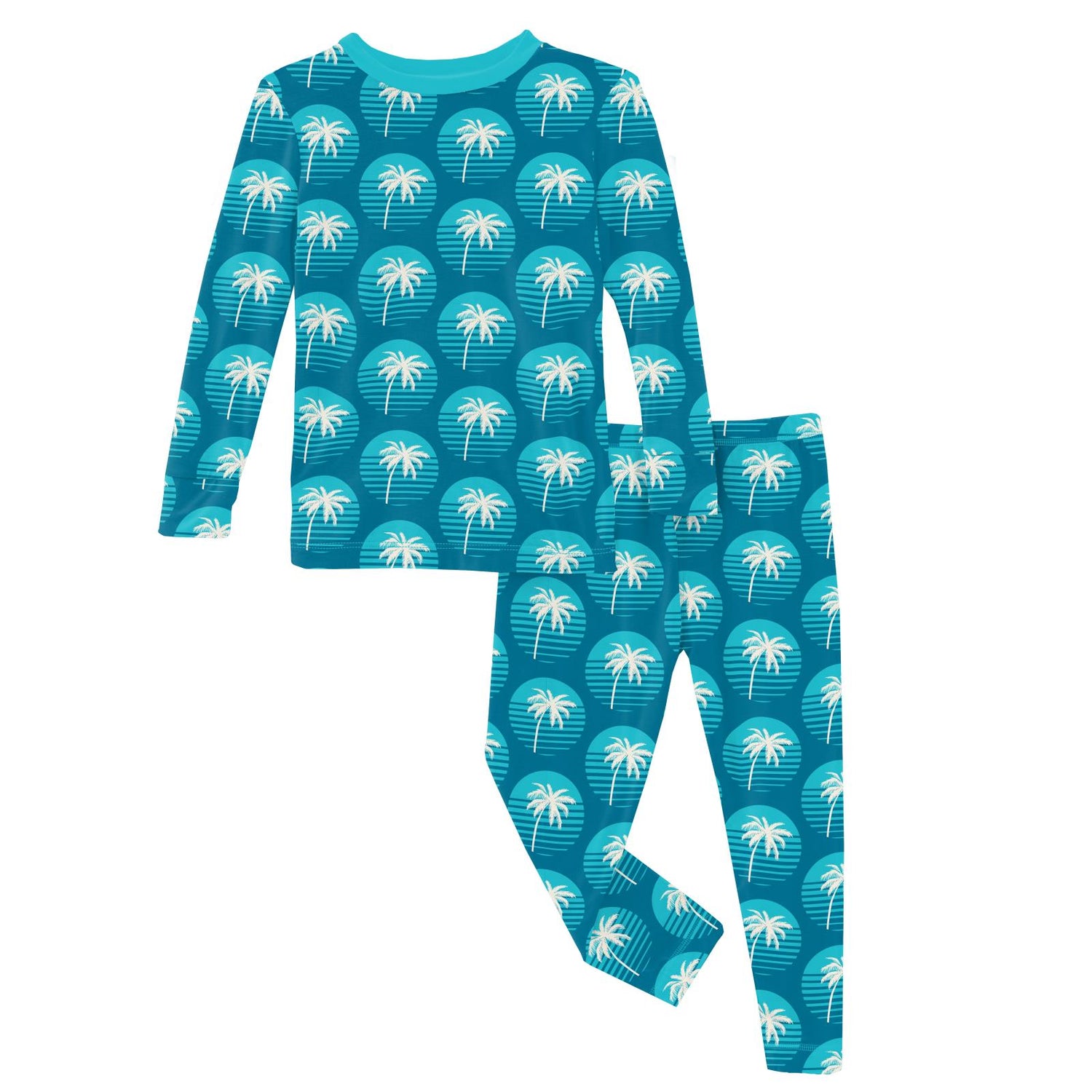 Print Long Sleeve Pajama Set in Cerulean Blue Palm Tree Sun