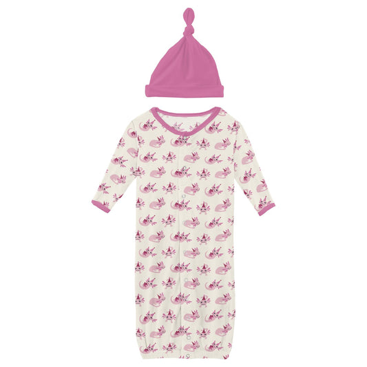 Print Layette Gown Converter & Single Knot Hat Set in Natural Axolotl Party