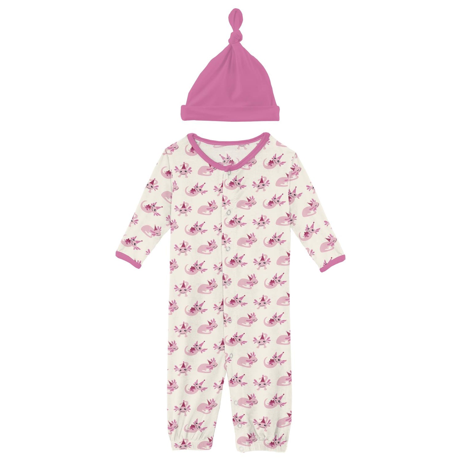 Print Layette Gown Converter & Single Knot Hat Set in Natural Axolotl Party