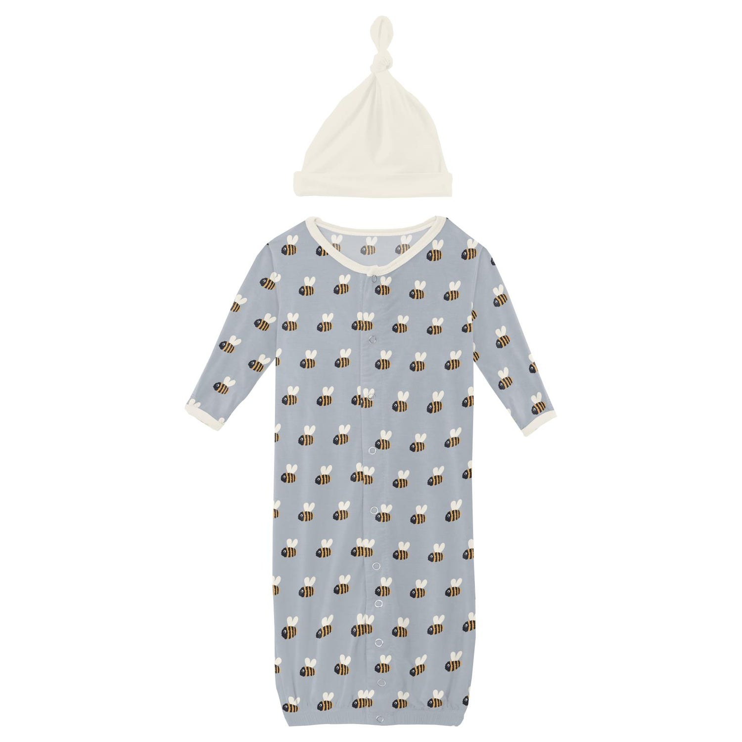 Print Layette Gown Converter & Single Knot Hat Set in Pearl Blue Baby Bumblebee