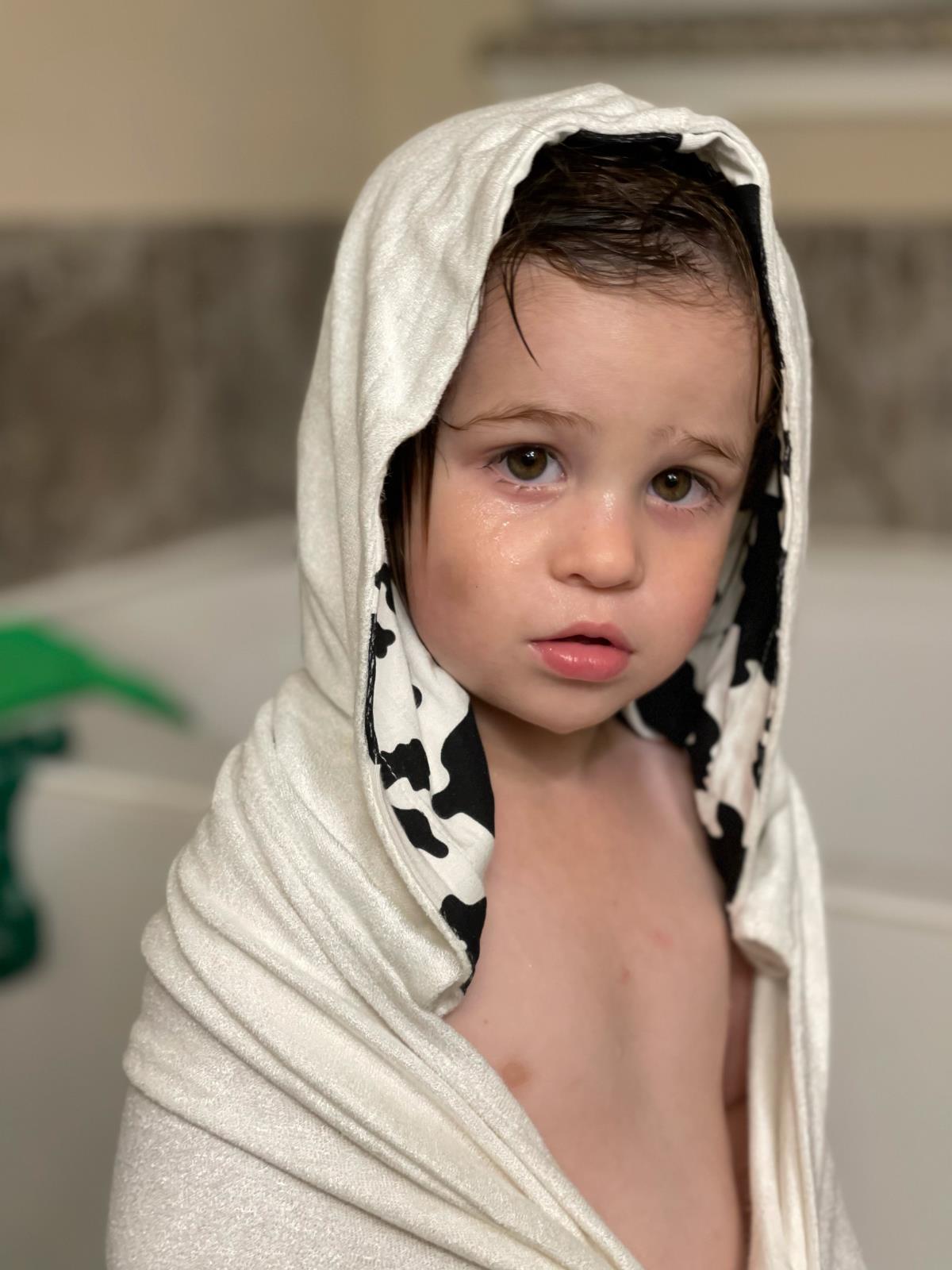Terry Hooded Towel with Lined Hood in Natural with Cow Print