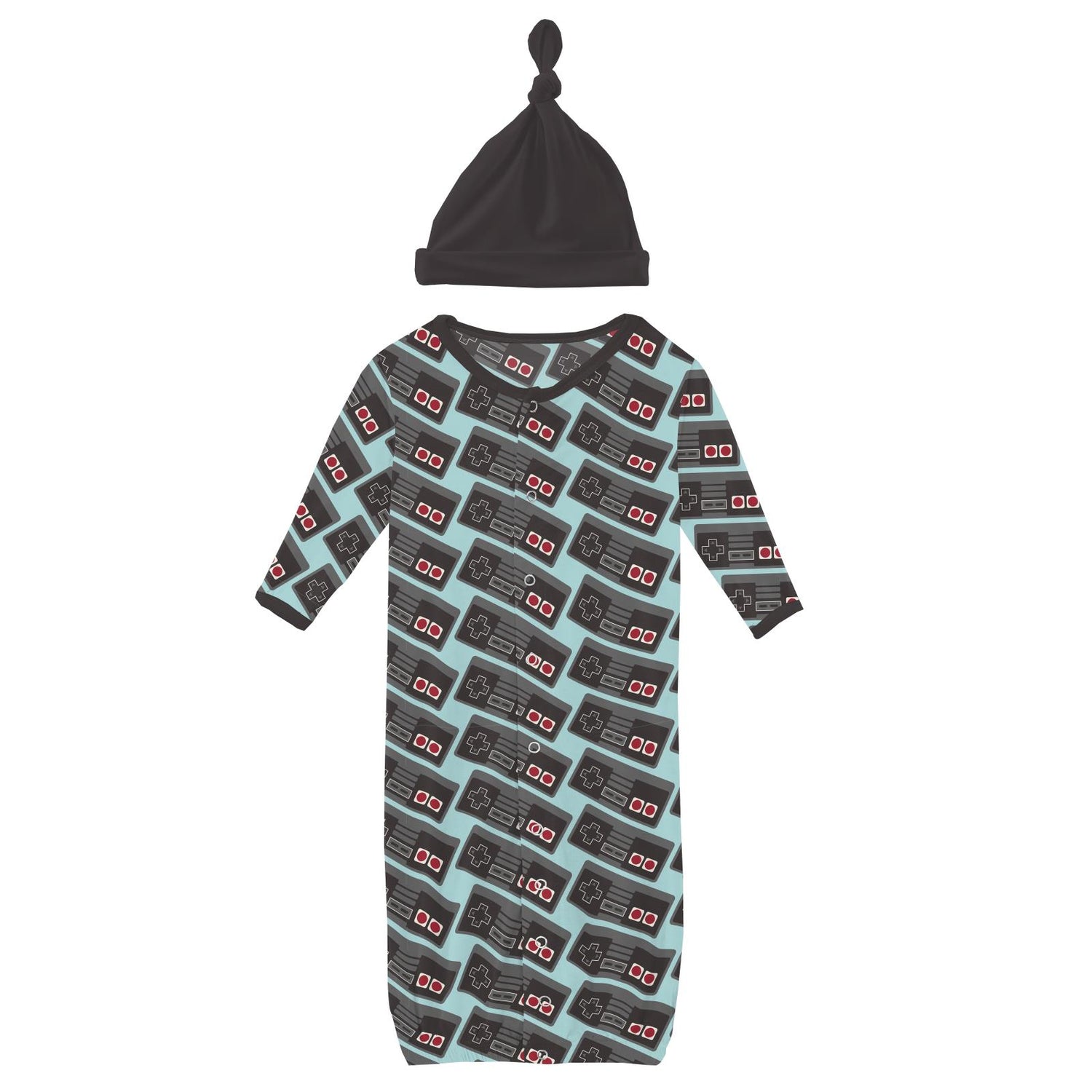 Print Layette Gown Converter & Single Knot Hat Set in Summer Sky Retro Game Controller