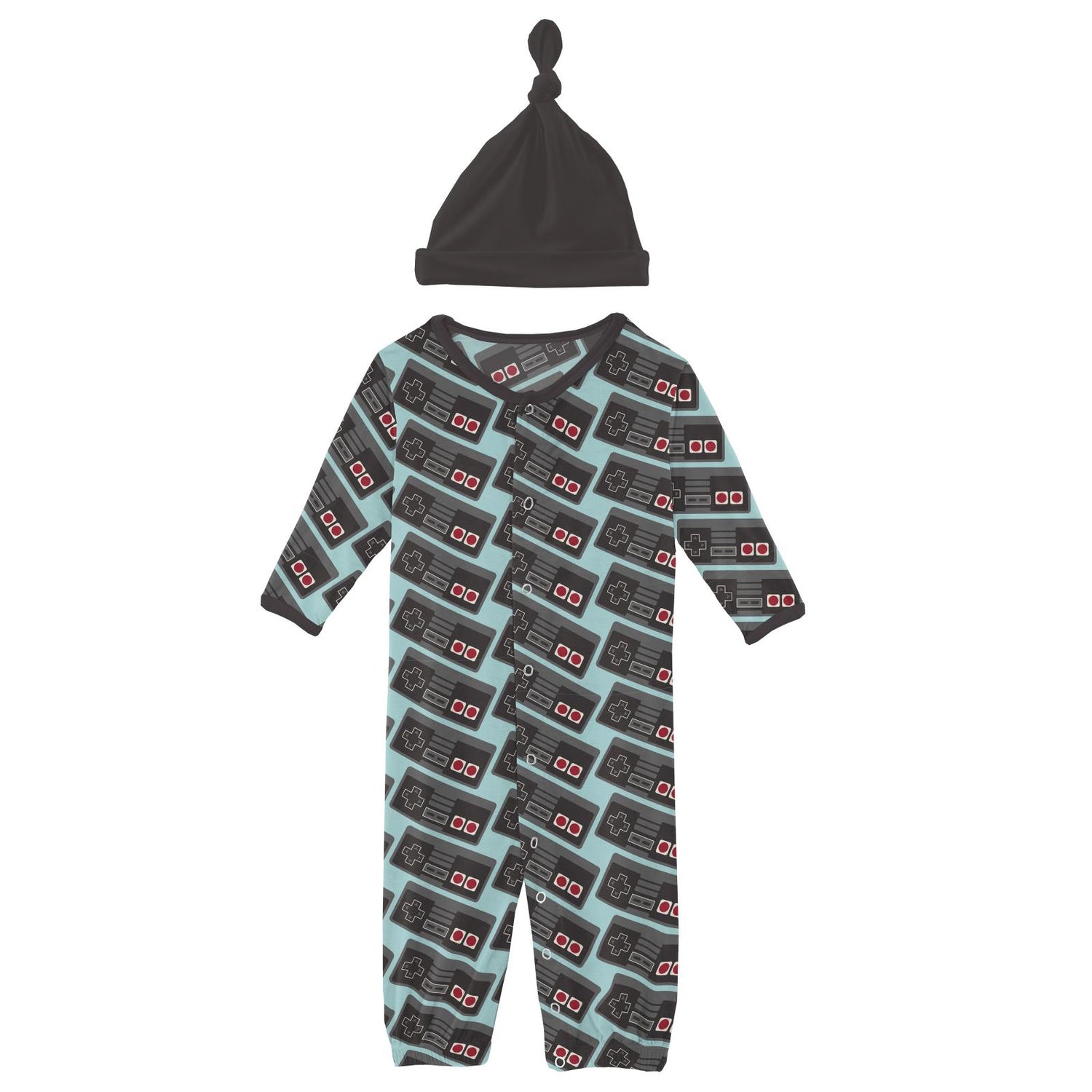 Print Layette Gown Converter & Single Knot Hat Set in Summer Sky Retro Game Controller