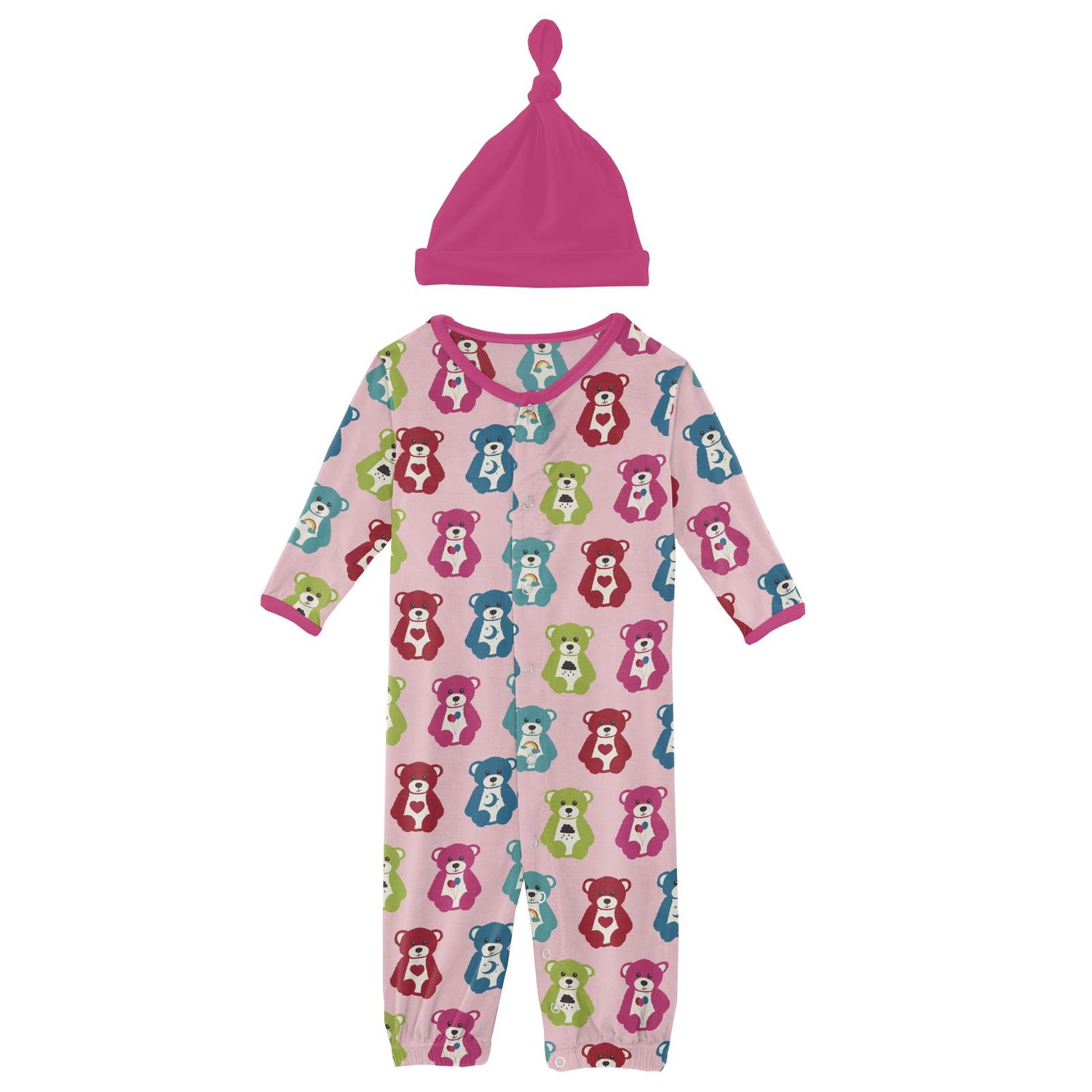 Print Layette Gown Converter & Single Knot Hat Set in Lotus Happy Teddy