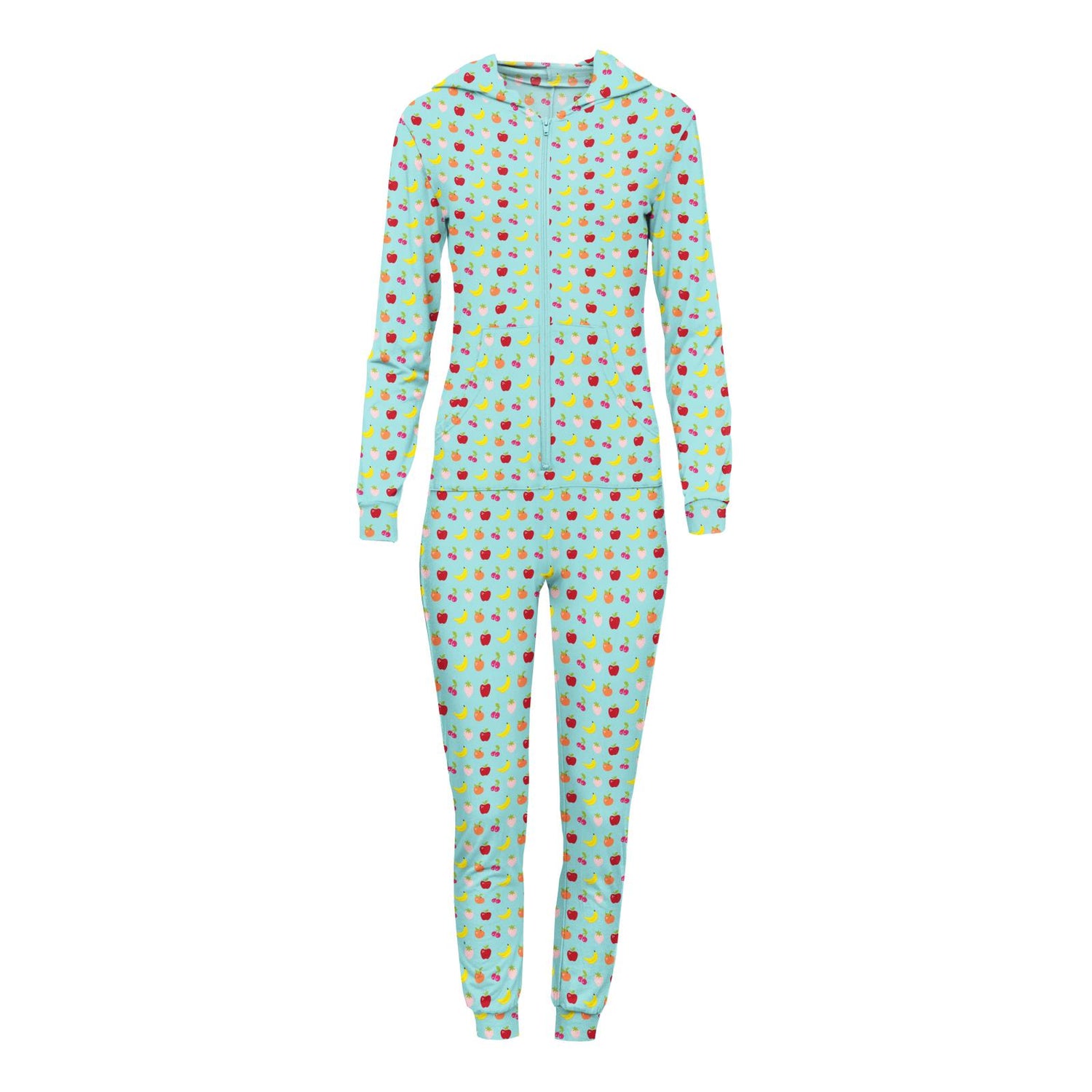 Women's Print Long Sleeve Jumpsuit with Hood in Summer Sky Mini Fruit